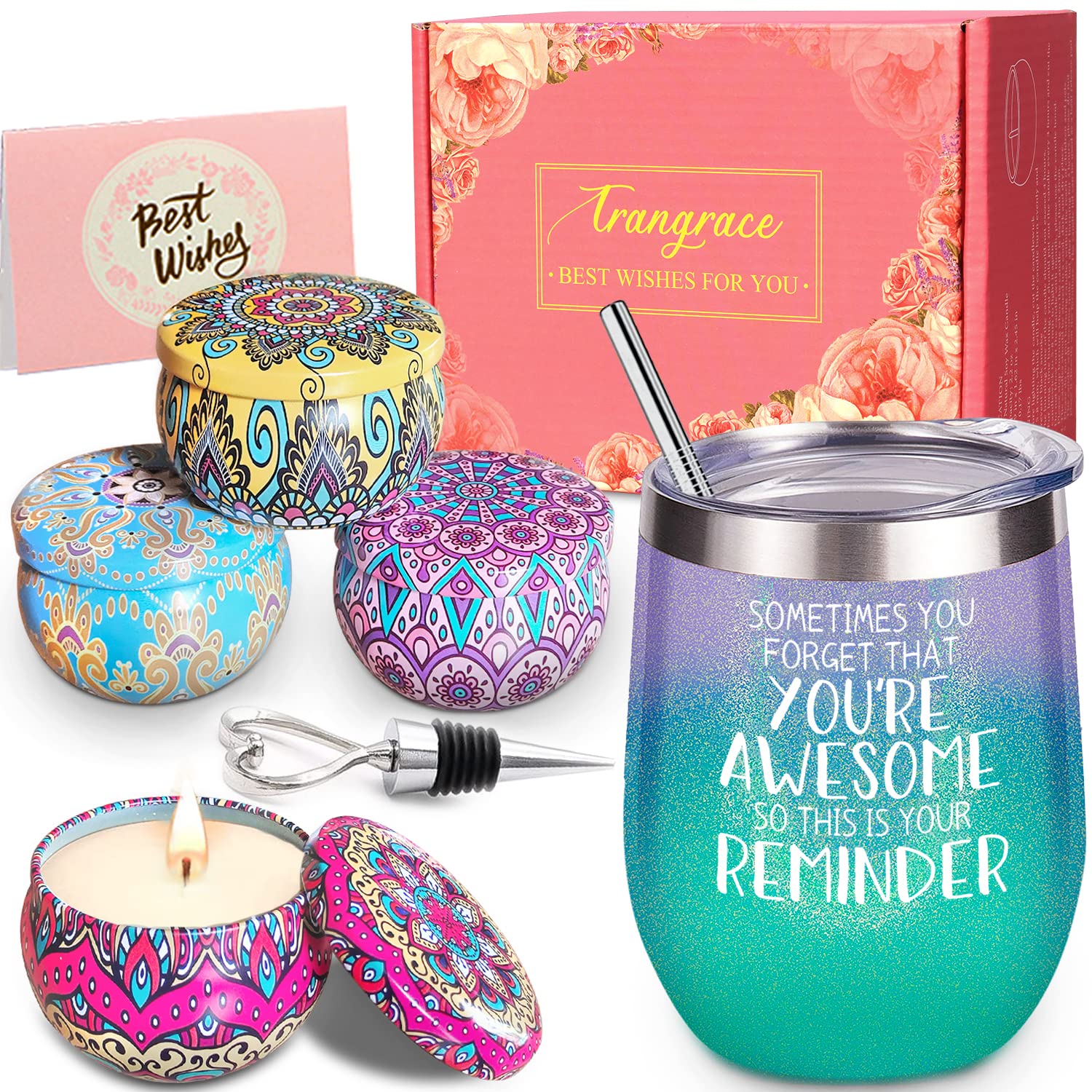 Funny Birthday Gifts for Women - Insulated Wine Glasses & Scented Candle Gift Set for Mom, Friend, Sister, Teacher, Grandma, Nurse - Relaxing Spa Gift Box Basket Present - Perfect for Housewarming, Anniversary, Christmas & Self-Care Moments