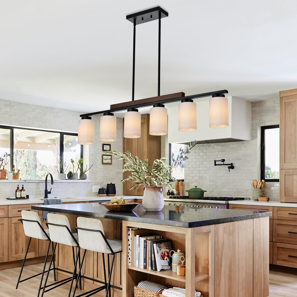 6-Lights Farmhouse Chandelier - Modern Black Wood Frame with Opal White Glass Shades, E26 Bulb Base - Perfect for Dining Room, Kitchen Island & Living Room Lighting | Rustic Home Decor, Country Style Interior Design