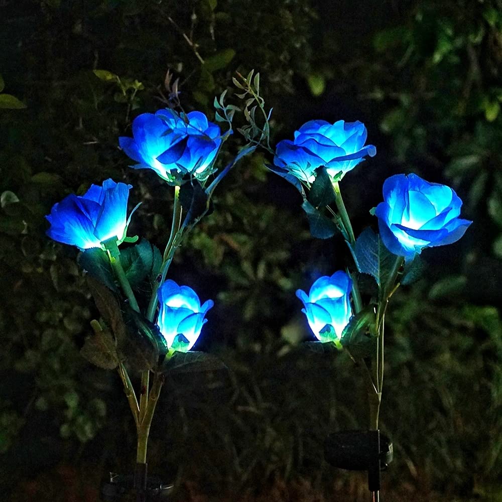 Solar Rose Garden Lights - 2 Pack Waterproof LED Flower Lights for Outdoor Pathway & Cemetery Decor (Blue)