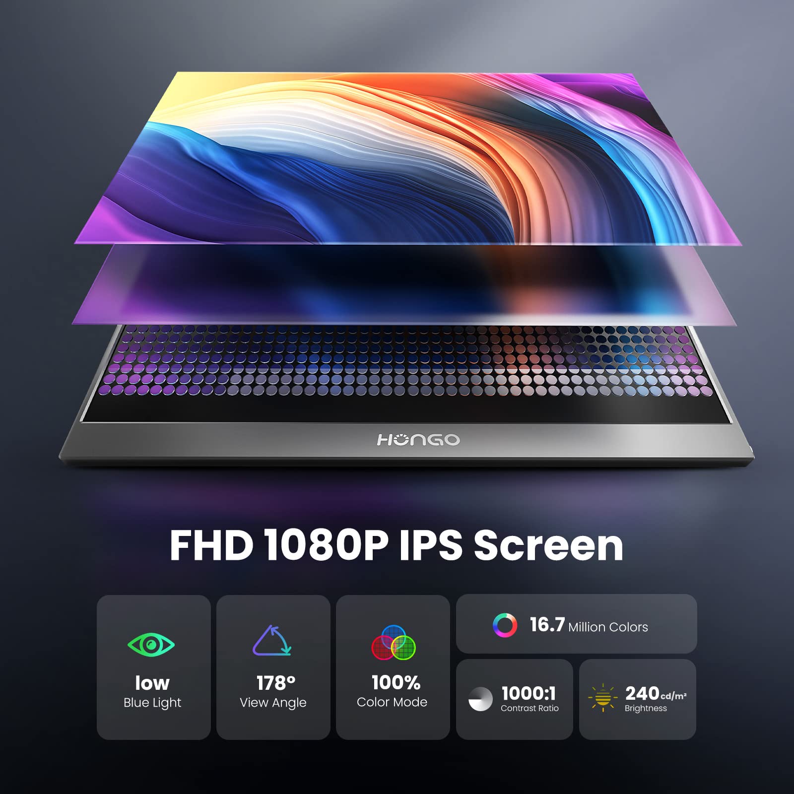 15.6'' HONGO Portable Monitor - 1080P FHD IPS HDR Display with USB-C & HDMI, Built-in Dual Speakers & Smart Cover - External Gaming Monitor for PC, Mac, Phone, Xbox, PS4, Nintendo Switch - Perfect for Work, Travel & Mobile Gaming
