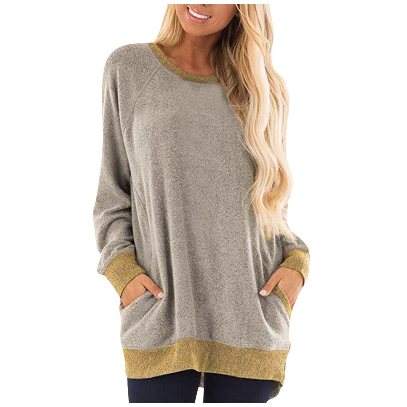 FMCHICO Women's Casual Color Block Long Sleeve T-Shirt with Pocket - Round Neck Comfortable Blouse & Sweatshirt Top for Everyday Wear, Work, and Outings