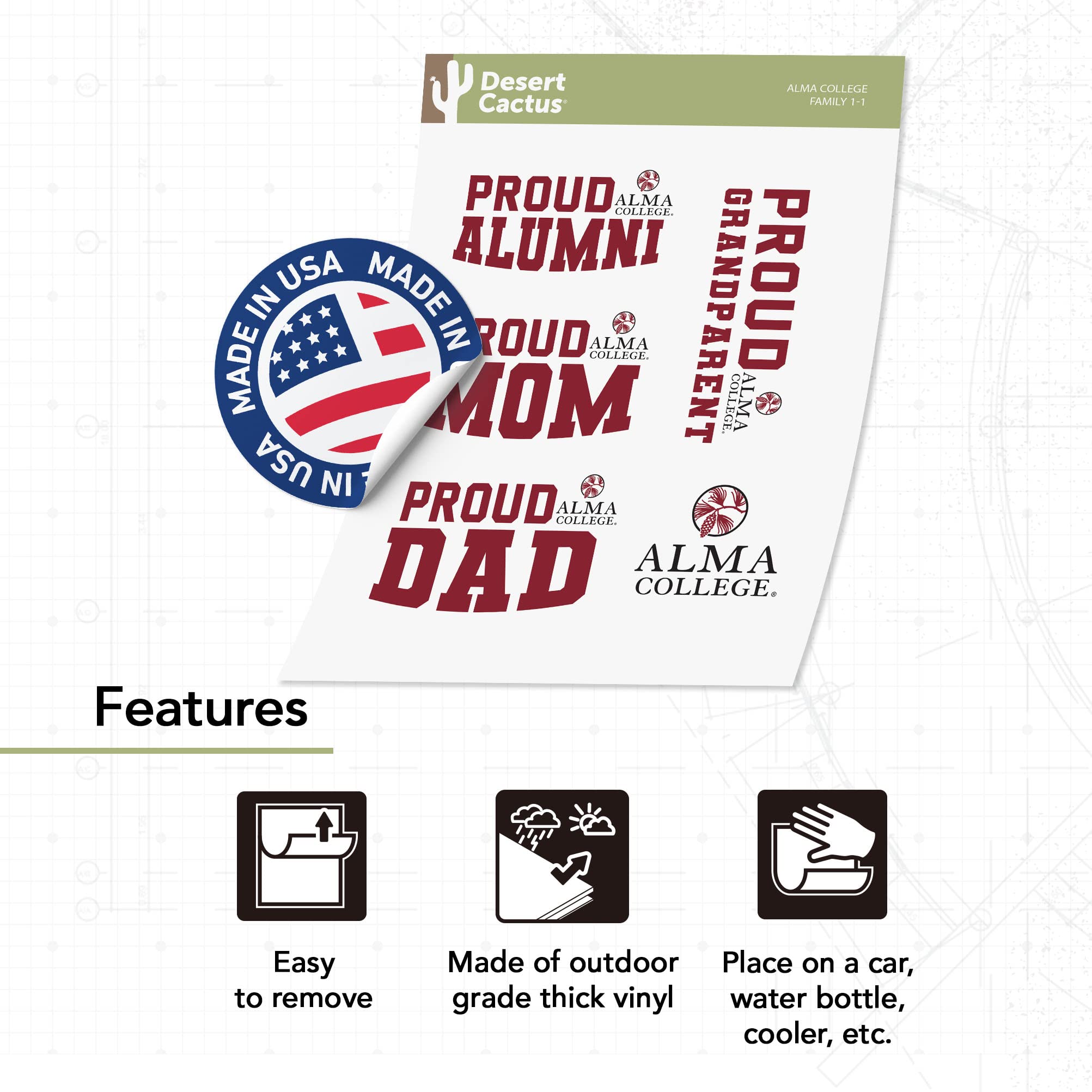 Alma College Scots Desert Cactus Vinyl Decal Sticker - Waterproof Laptop, Water Bottle, Car, Scrapbook Decor - Family Full Sheet Pack - Perfect for School Spirit, DIY Crafts & Gift Giving
