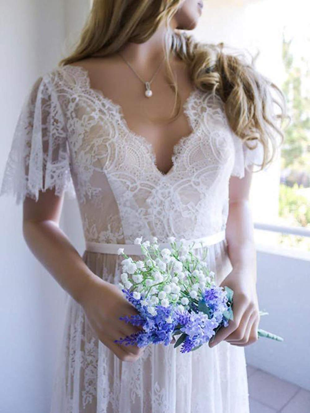 Bohemian Wedding Dresses for Women - Short Sleeve V-Neck Lace Beach Bridal Gowns | Perfect for Beach, Garden & Destination Weddings