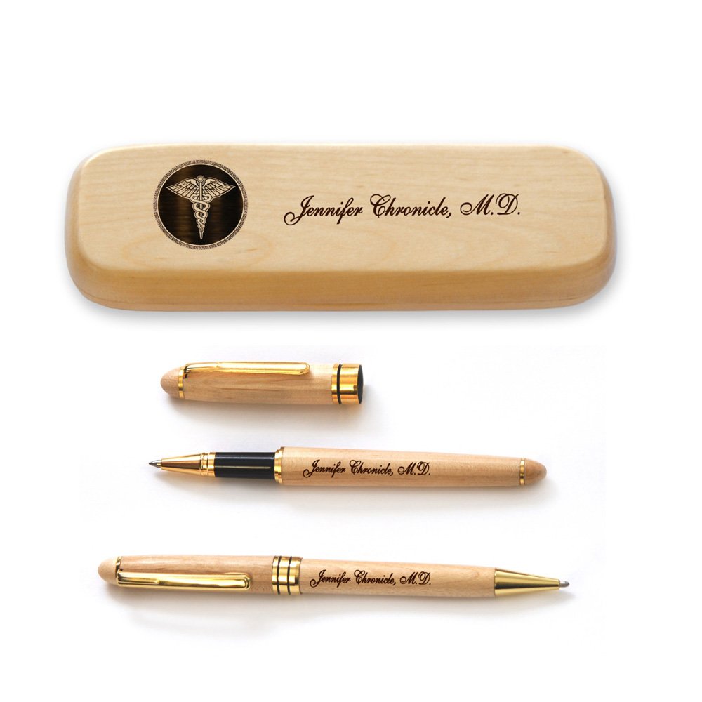 Personalized Solid Maple Wood Pen Case with 2 Pens - Perfect Gift for Doctors, Nurses & Medical Professionals - Ideal for Office, Clinic & Hospital Use