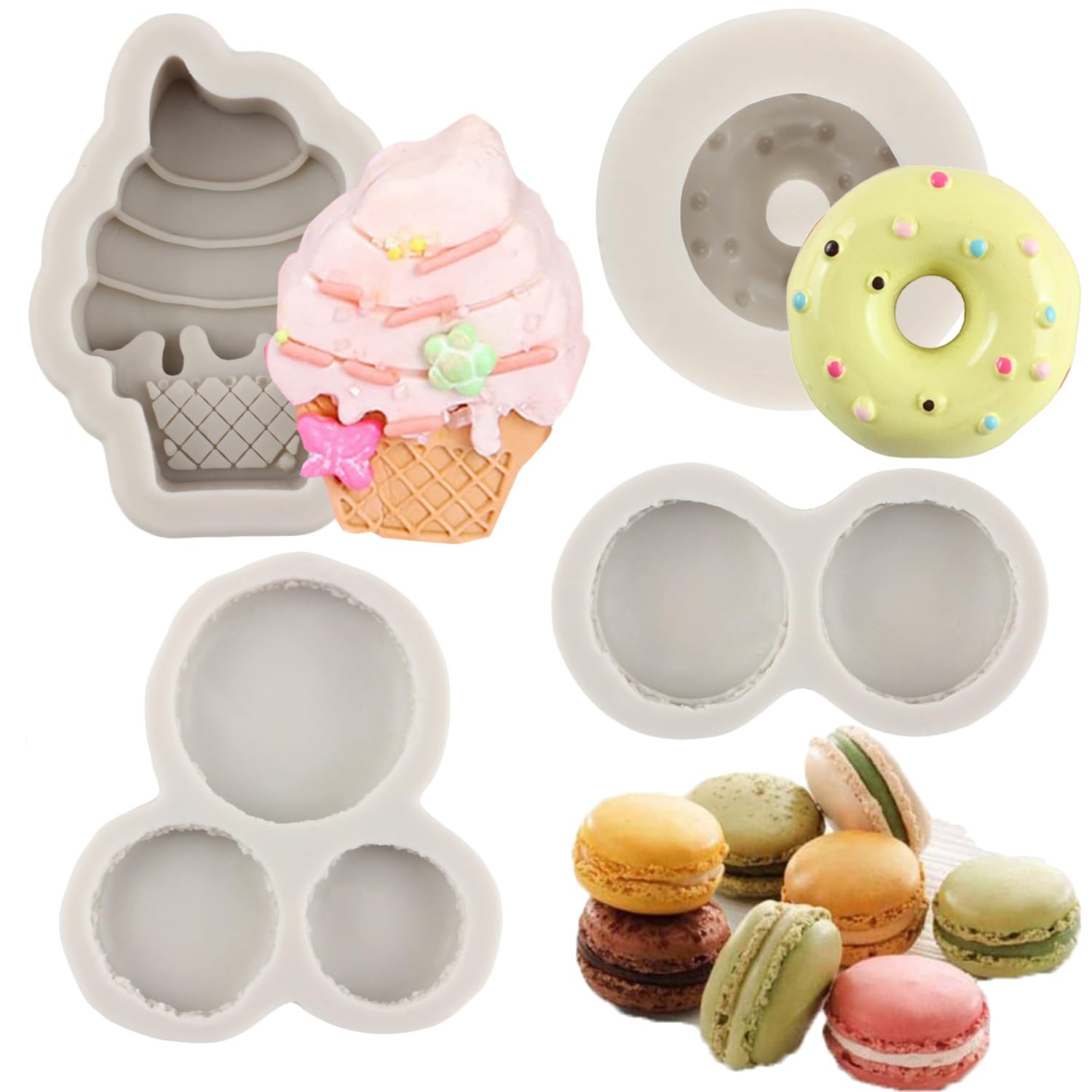 Sijiangmold 4-Piece Silicone Mold Set for Ice Cream Donut, Macaron, Fondant, Cupcake Topper - Perfect for Cake Decorating, Chocolate Candy, Polymer Clay & Gum Paste - Ideal for Baking, DIY Crafts & Party Desserts