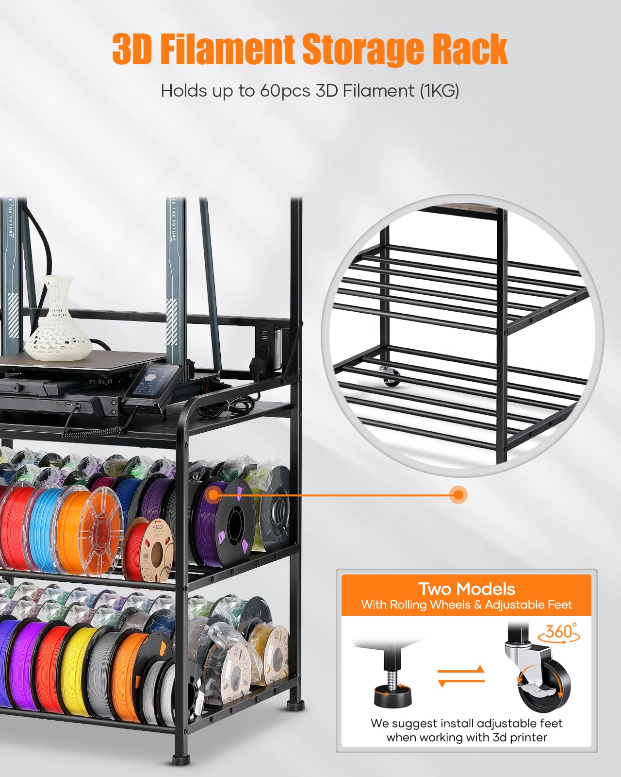 3D Printer Filament Storage Organizer - Heavy Duty Rolling Cart with Wheels for PLA, ABS, PETG Spools | Perfect for 3D Printing Workshop, Garage & Office Organization