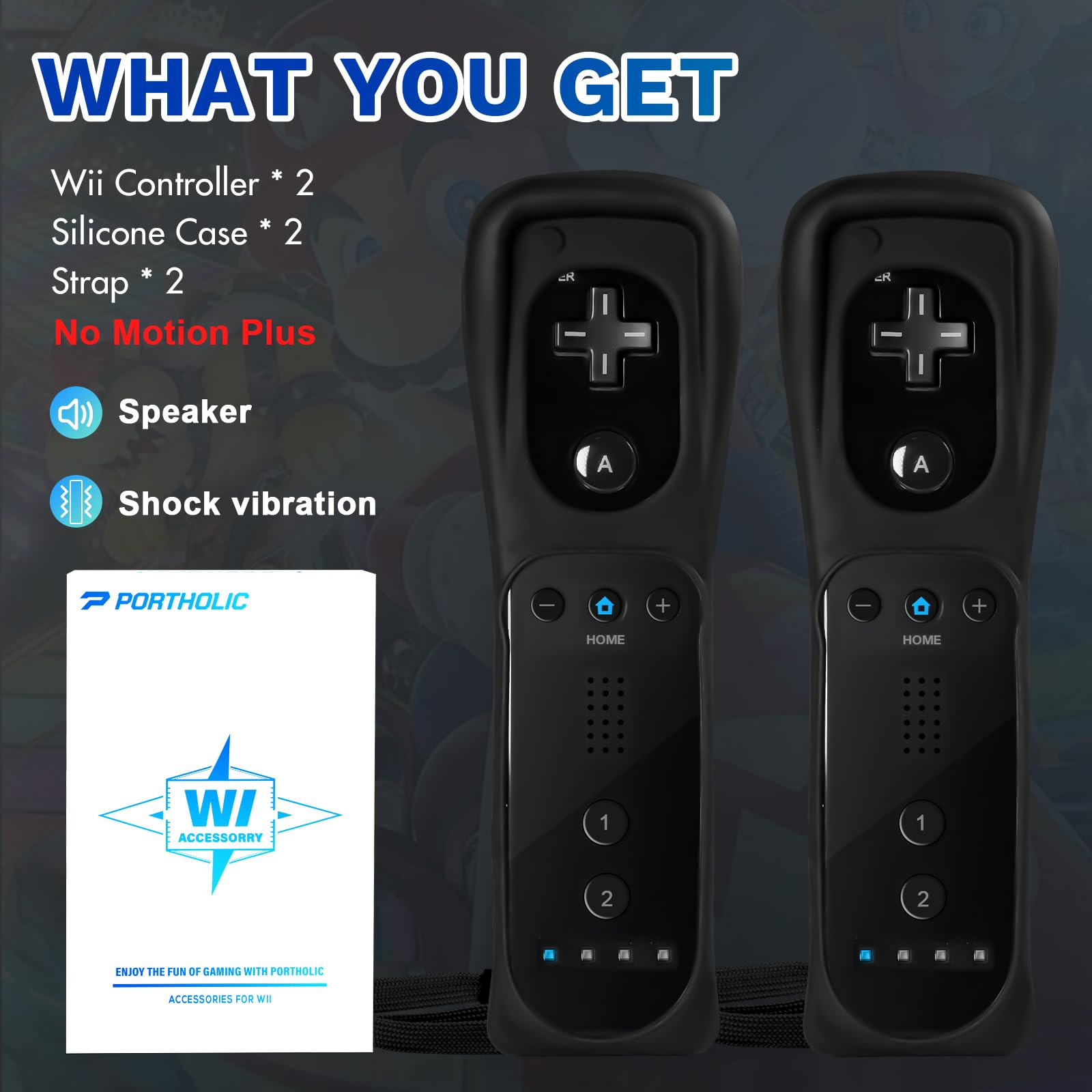 PORTHOLIC 2-Pack Wireless Wii Remote Controller - Compatible with Nintendo Wii & Wii U Console (Black) - Perfect for Multiplayer Gaming & Family Entertainment