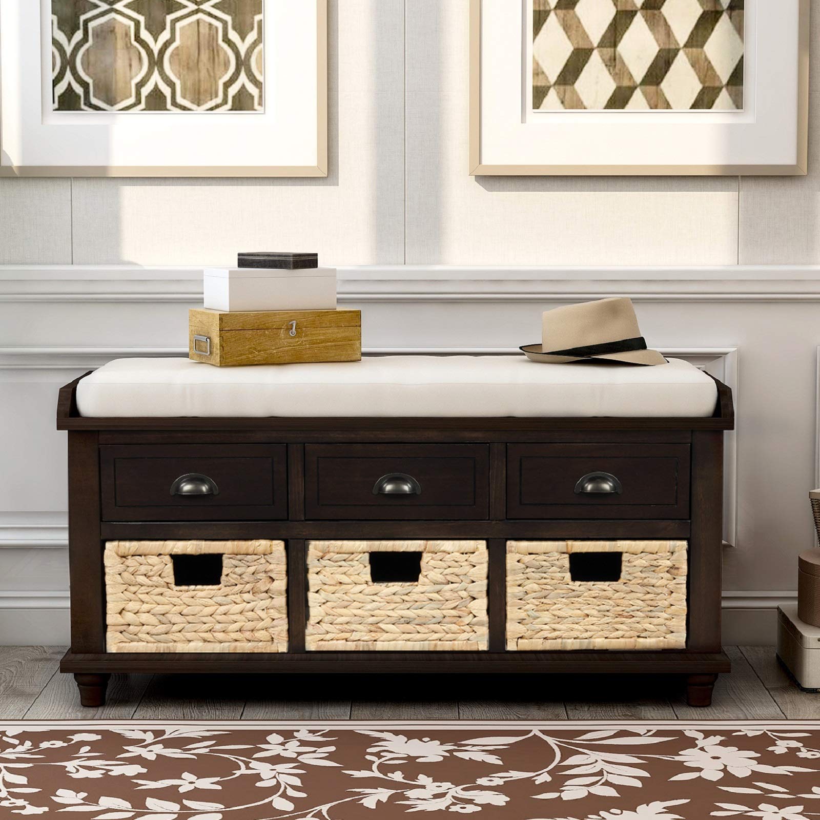 Rhomtree 3-Drawer Storage Bench with Woven Baskets & Removable Cushion - Espresso Entryway Shoe Bench for Living Room, Hallway, Bedroom - Perfect for Organizing Shoes, Blankets & Home Decor