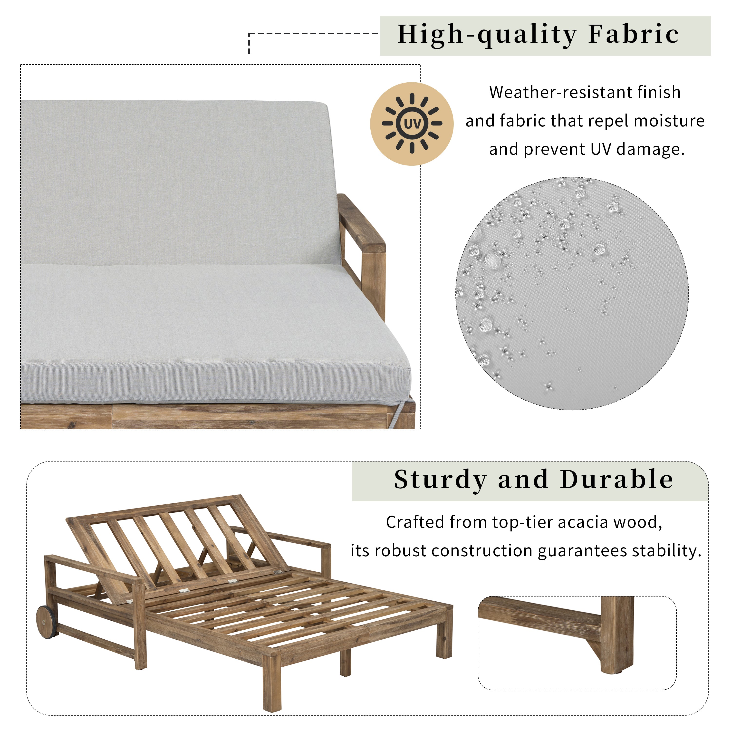 Farmhouse Style Wooden Outdoor Sunbed - 2 Person Daybed for Poolside, Garden & Backyard Relaxation | Weather-Resistant Grey Patio Furniture for Lounging, Sunbathing & Outdoor Entertaining