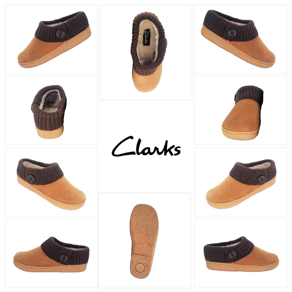 Clarks Women's Suede Leather Comfort Clogs with Knitted Collar & Plush Faux Fur Trim - Cozy Indoor Outdoor House Slippers for Women (Cinnamon/Brown, Size 9M) - Perfect for Lounging, Home Wear & Quick Outdoor Errands