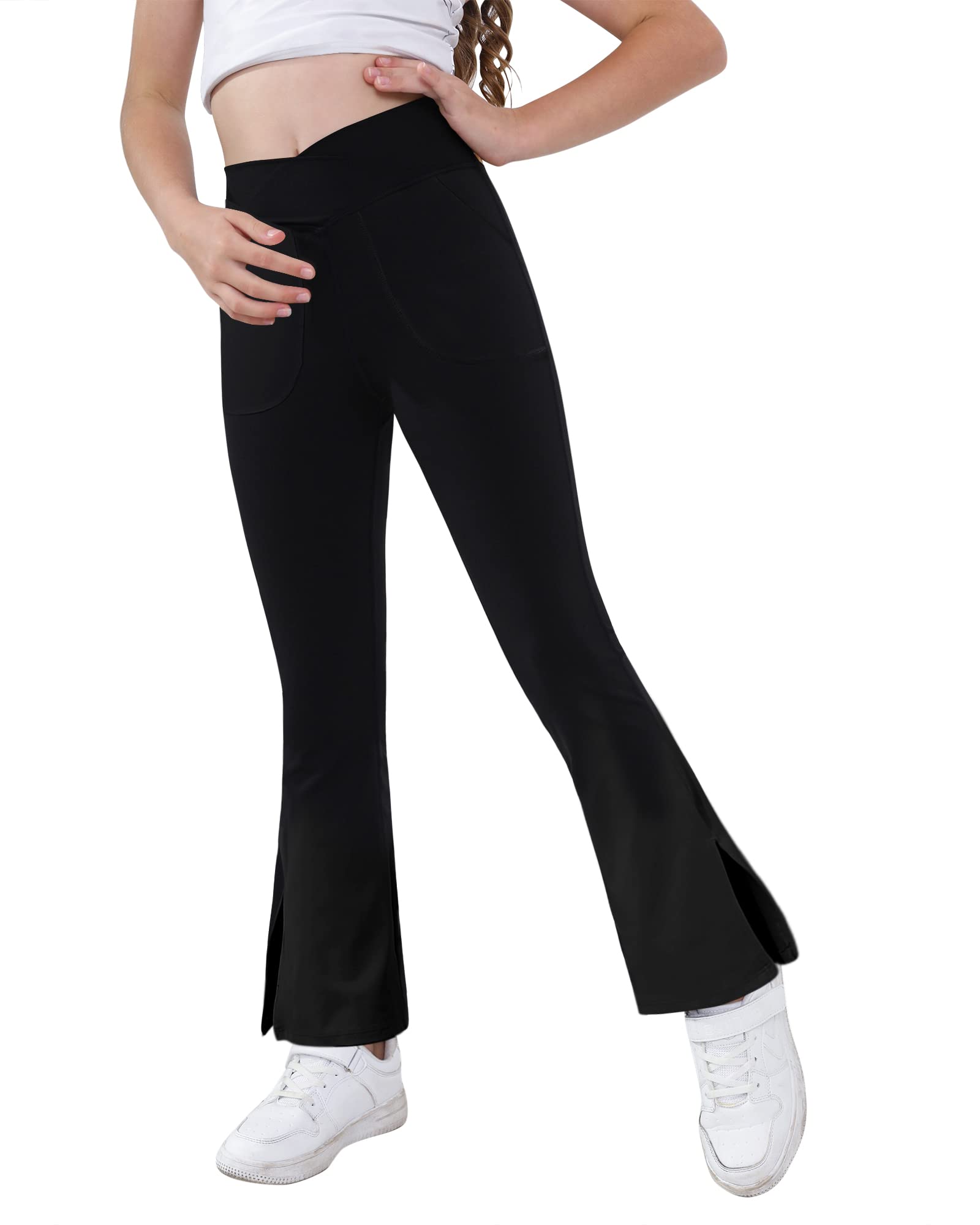 Teen Girls Bootcut Yoga Pants - Kids Active Flare Leggings with Pockets | Stretchy Crossover Split Hem Workout Pants for Dance, Gym & Casual Wear