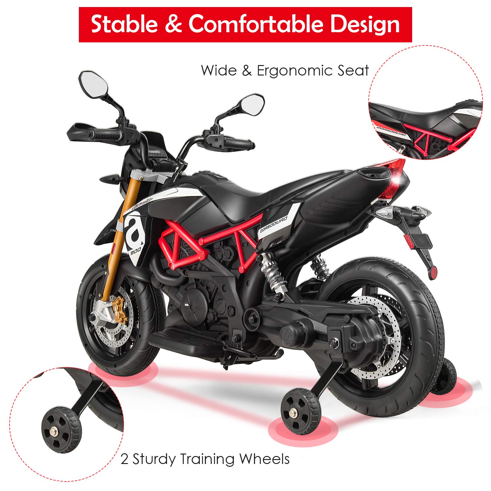 Aprilia Licensed 12V Kids Electric Ride-On Motorcycle with Training Wheels, Spring Suspension, Music & LED Lights - Battery Powered Toy for Toddler Boys & Girls (Black) | Perfect for Outdoor Play, Birthday Gifts & Pretend Driving Fun