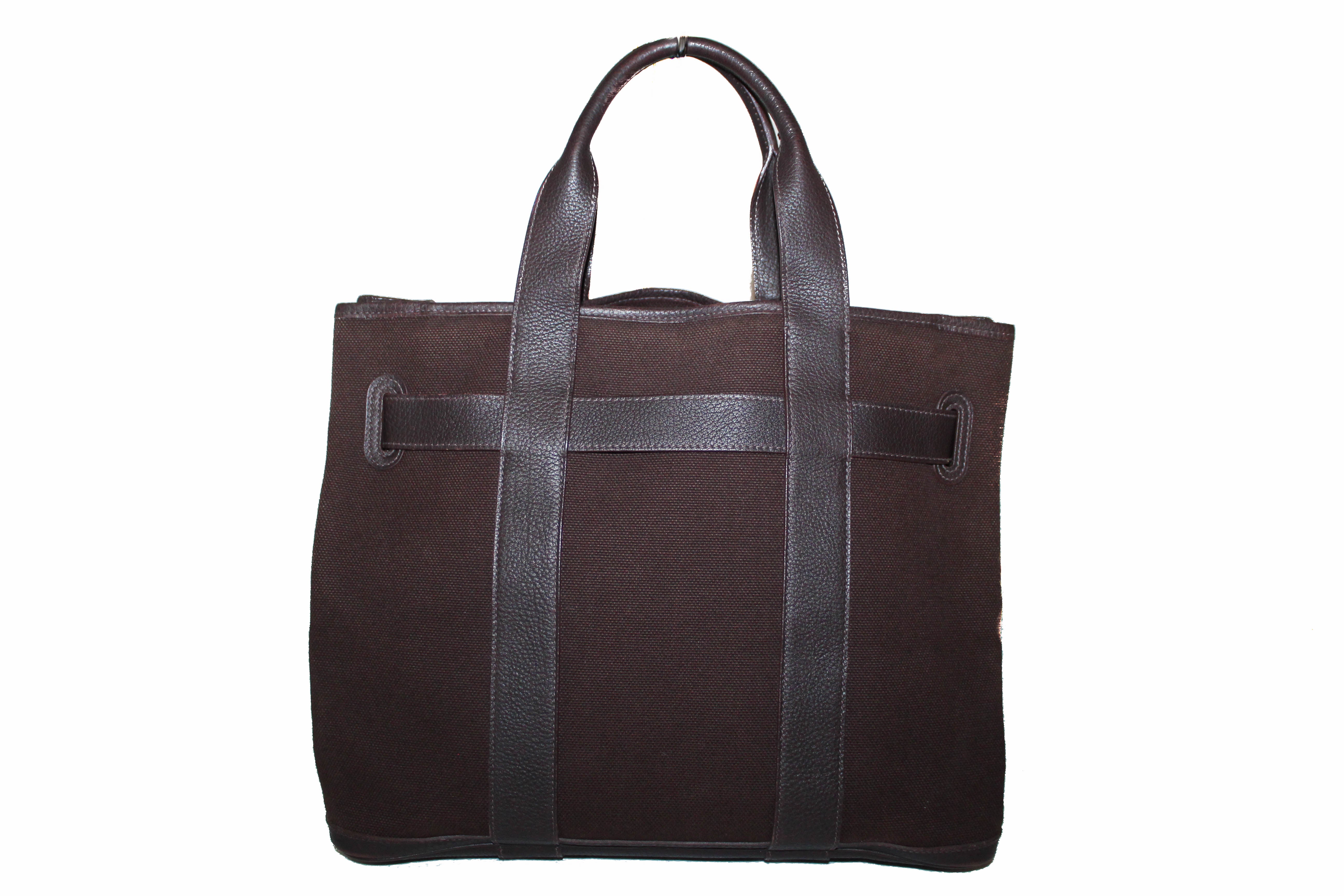 Authentic Hermes Dark Brown Canvas Ceinture MM Tote Handbag for Women - Luxury Designer Shoulder Bag for Work, Travel & Everyday Use