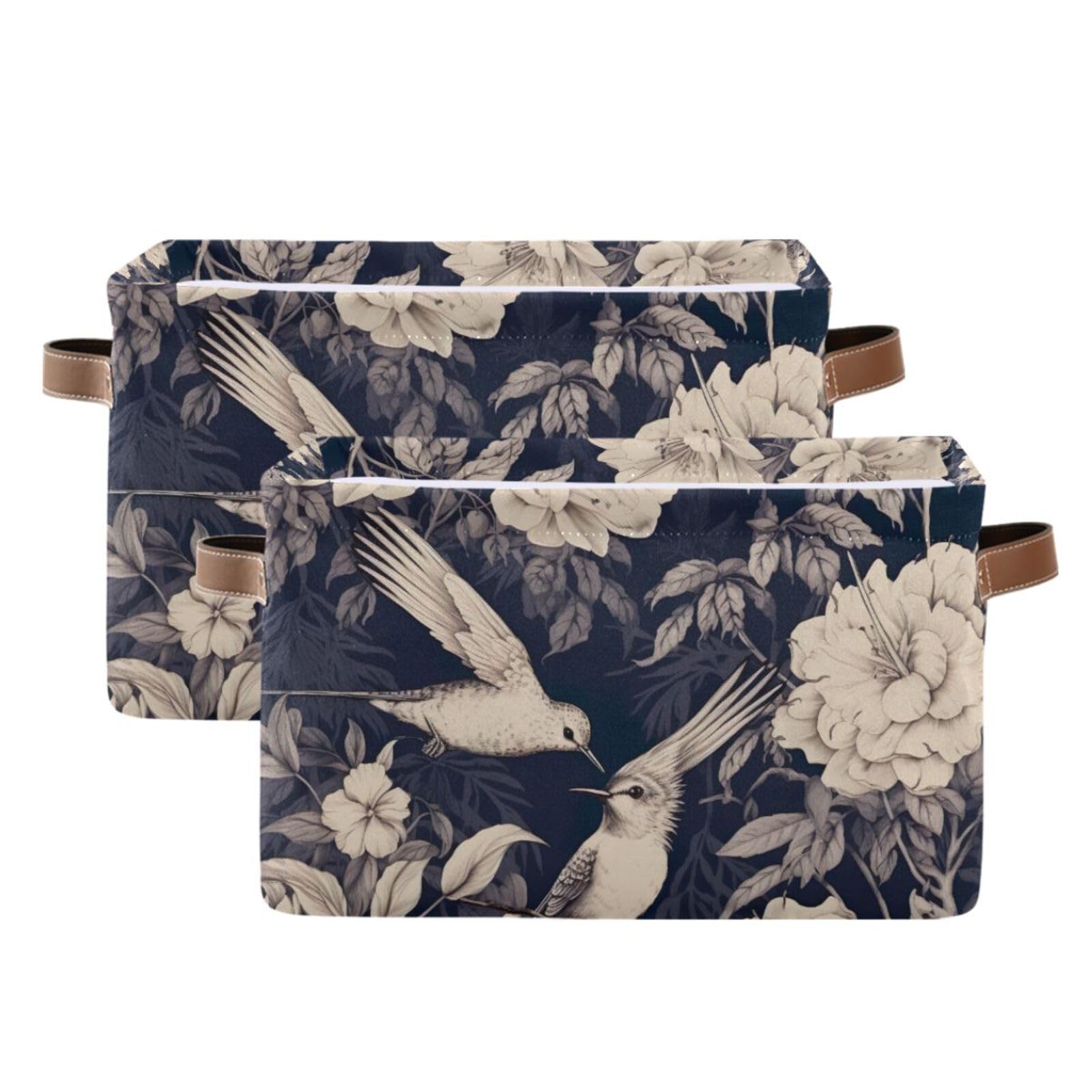 2PCS Large Foldable Storage Baskets with Floral Hummingbird Design - Collapsible Fabric Bin Cube Organizer for Home, Closet, Nursery & Office Organization