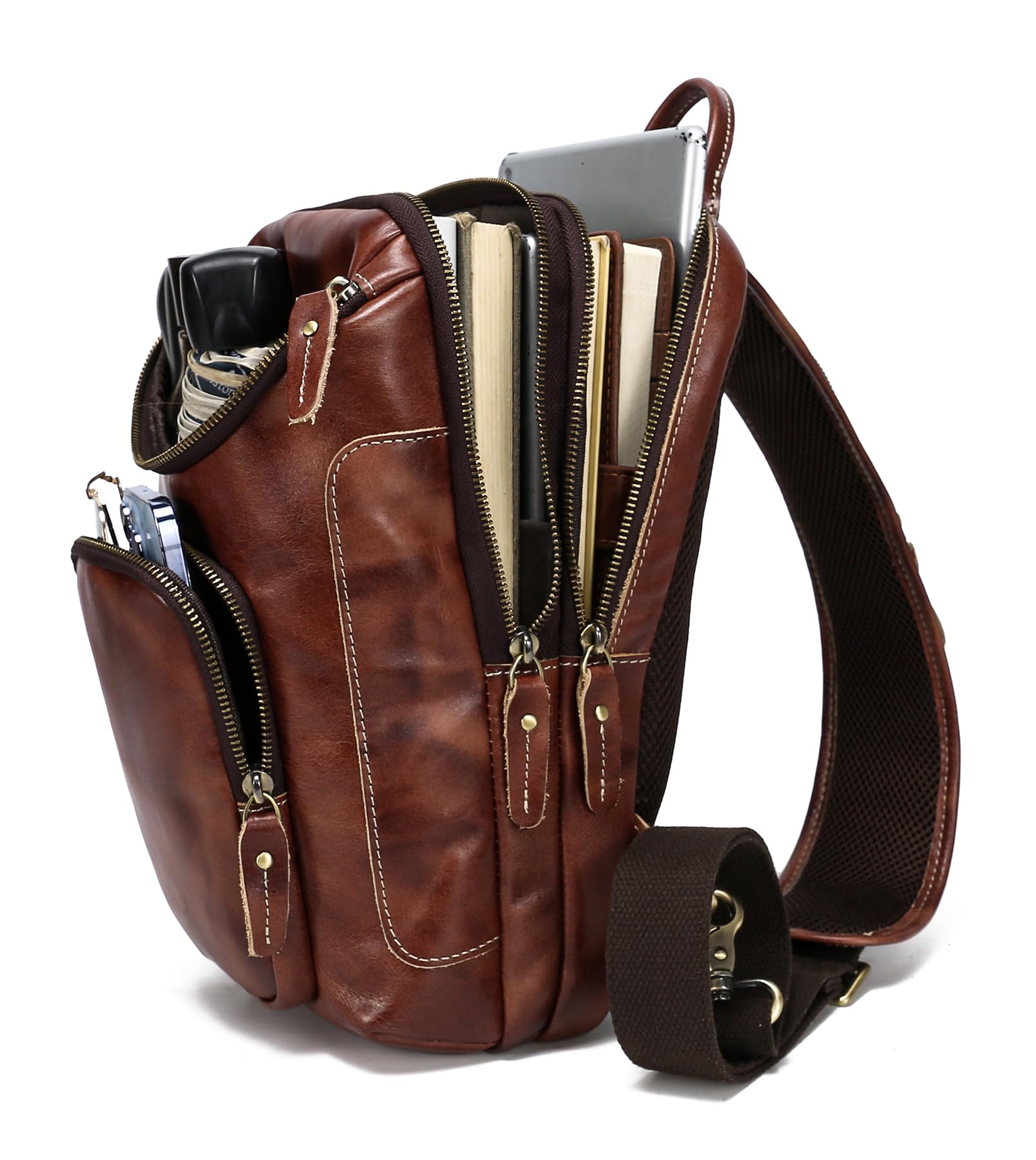 Vintage Full Grain Leather Sling Bag for Men & Women - Crossbody Chest Daypack - Perfect for Travel, Hiking, and Everyday Use