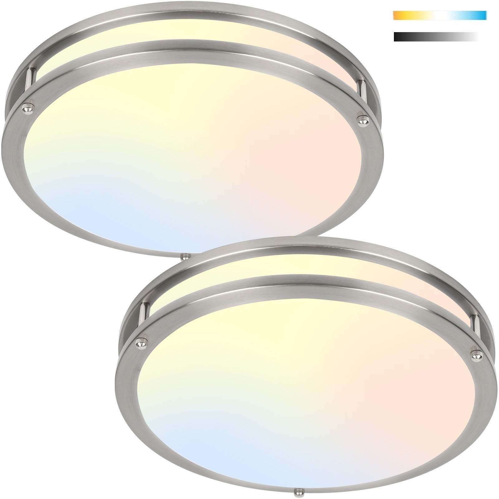 13-Inch 36W LED Flush Mount Ceiling Light Fixtures 2-Pack, 5 CCT Adjustable (2700K-6500K) Dimmable Close-to-Ceiling Lighting - Perfect for Bathroom, Kitchen, Stairwell, Bedroom & Hallway in Modern Homes - Nickel Finish