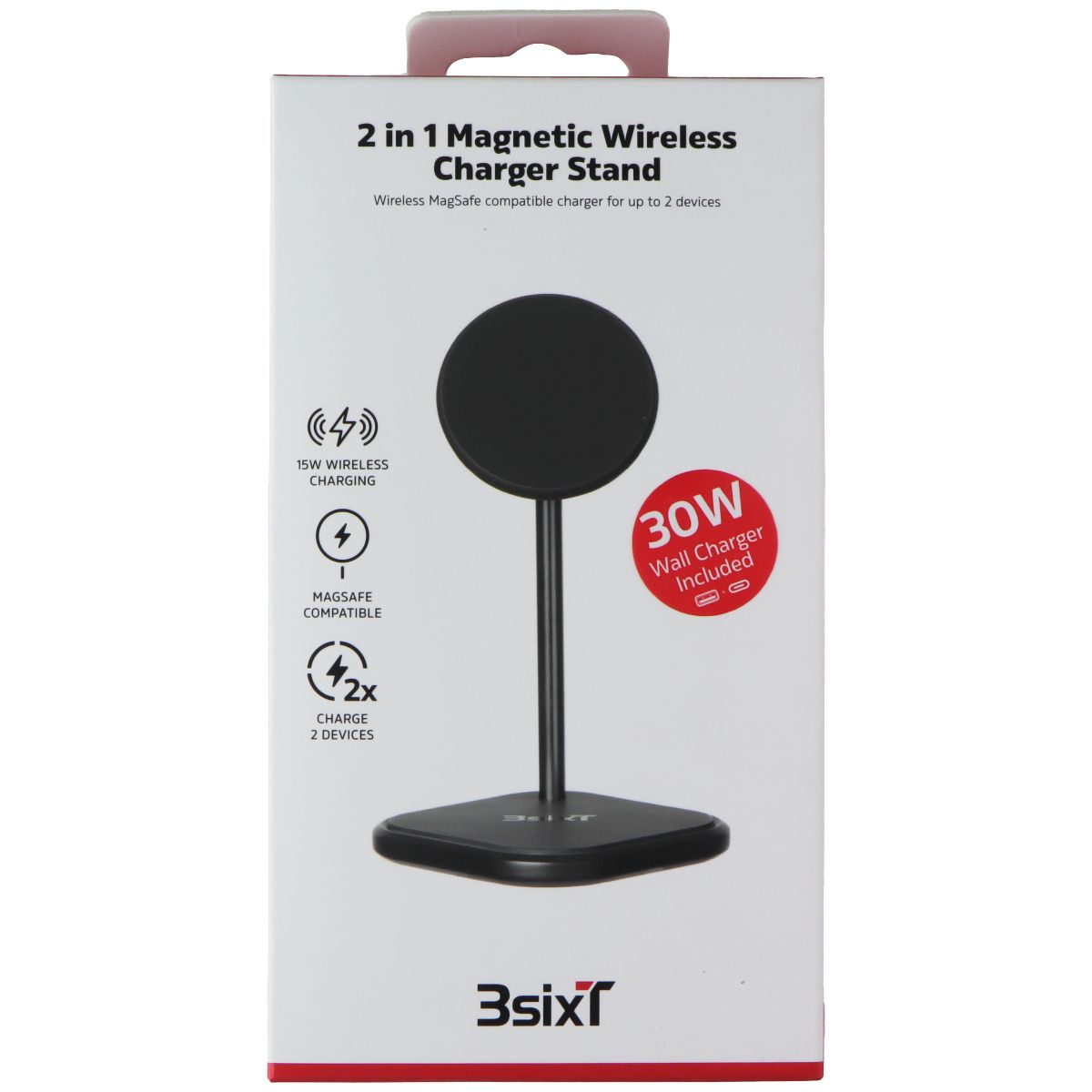 3SIXT 2-in-1 Magnetic Wireless Charger Stand for iPhone 12/13/14/15 Pro Max - Fast Charging Pad with MagSafe Compatible (Black, AU Plug) - Perfect for Home, Office & Travel
