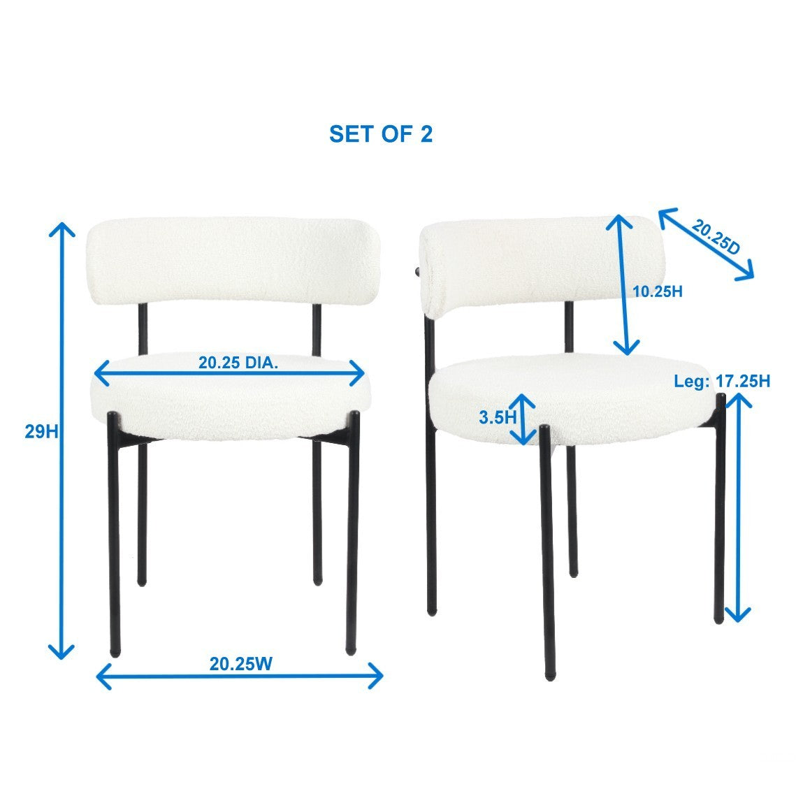 Burbank Modern Round Boucle Dining Chairs Set of 2 - White Upholstered Accent Chairs for Kitchen, Dining Room, or Breakfast Nook