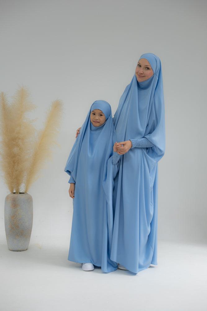 Little Gretaah Khimar Style Prayer Gown for Kids - Sky Blue with Ribbed Sleeve Cuffs | Perfect for Islamic Prayer, Eid Celebrations & Modest Dress