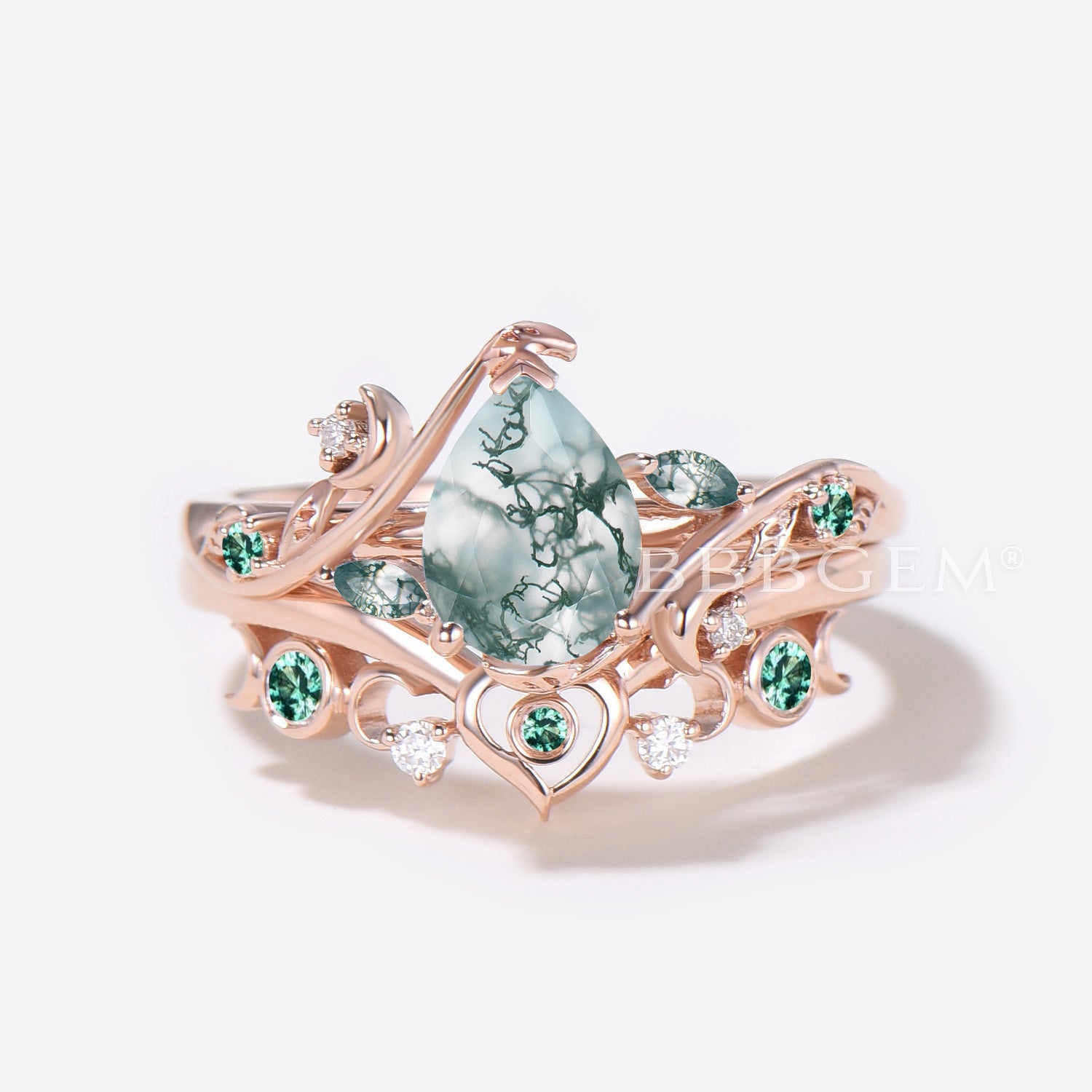 Pear Shaped Moss Agate Engagement Ring - Heart Design Green Wedding Band for Women | Eco-Friendly Gemstone Jewelry for Proposal, Anniversary & Romantic Occasions