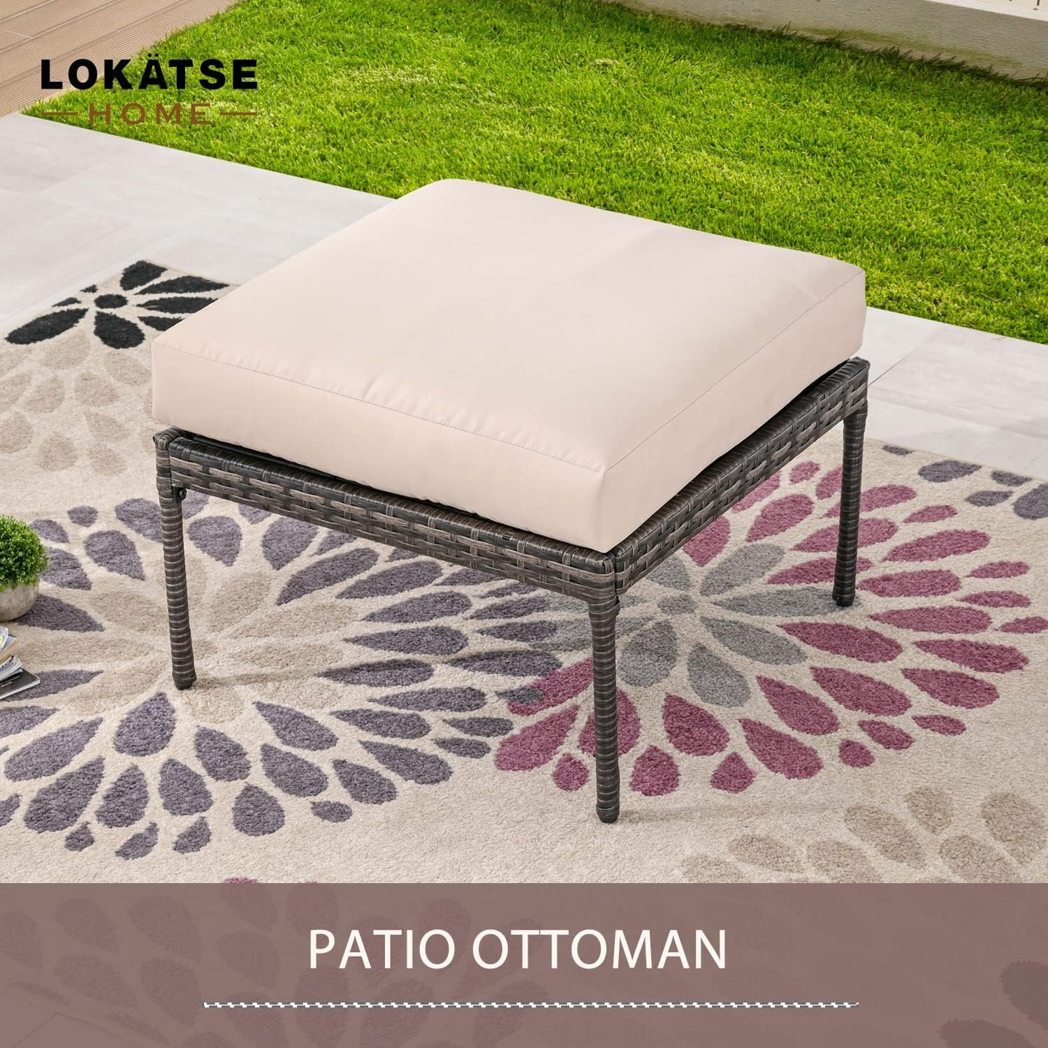 LOKATSE HOME 2-Piece Outdoor Rattan Footstool Set with Thick Cushion - Patio Ottoman Wicker Furniture for Garden, Yard, Deck & Poolside Relaxation