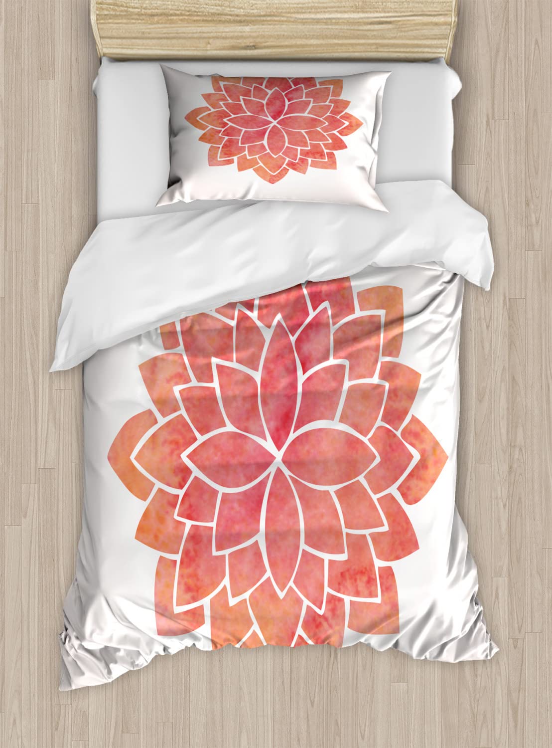 Ambesonne Floral Duvet Cover Set - Japanese Lotus Flower Design, Twin Size 2-Piece Bedding Set with 2 Pillowcases, Coral White & Salmon - Perfect for Spring Bedroom Decor & Asian-Inspired Home Styling