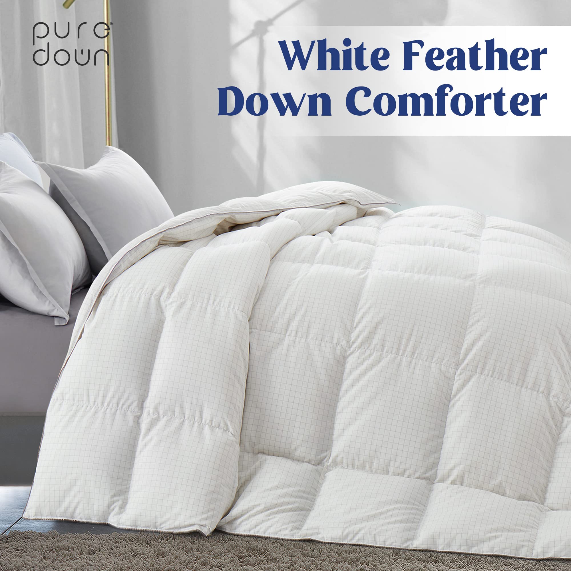 Puredown White Grid Feather Comforter King Size - All Season Medium Warmth Duvet Insert with Corner Tabs - 104x88 Inches - Perfect for Master Bedroom, Guest Room & Cozy Winter Nights (White Grid, King)