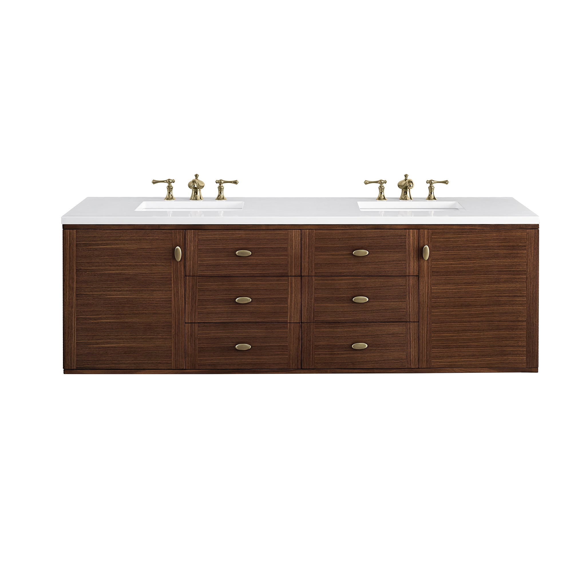 Amberly 72 Inch Double Sink Bathroom Vanity - Mid Century Modern Walnut Finish with 3CM White Zeus Quartz Top - Perfect for Master Bathroom & Guest Bathroom Renovation