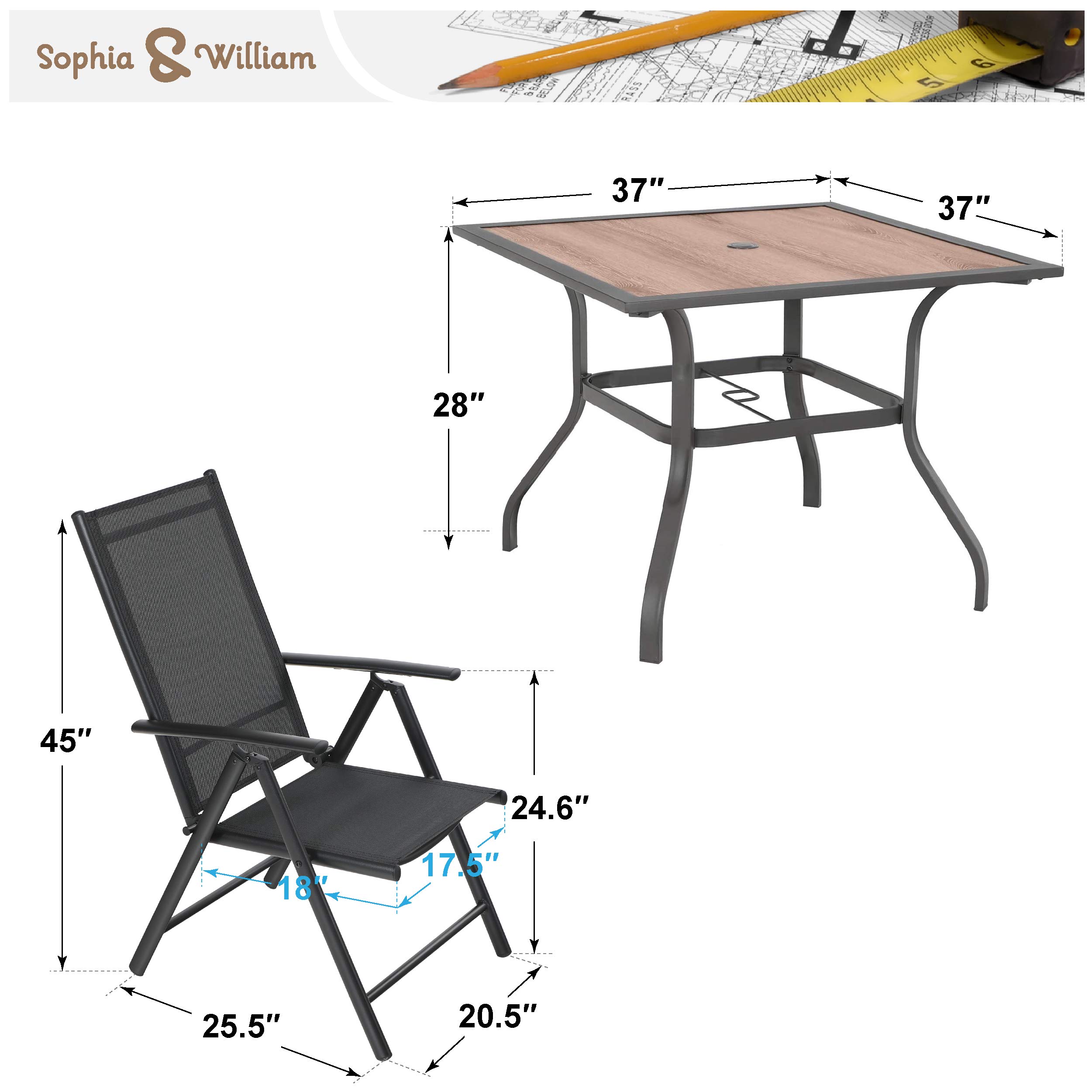 Sophia & William 5-Piece Outdoor Dining Set - 4 Adjustable Foldable Textilene Sling Chairs & 1 Square Table with Wood-Like Table Top & Umbrella Hole - Black Patio Furniture for Backyard, Garden, Poolside or Deck