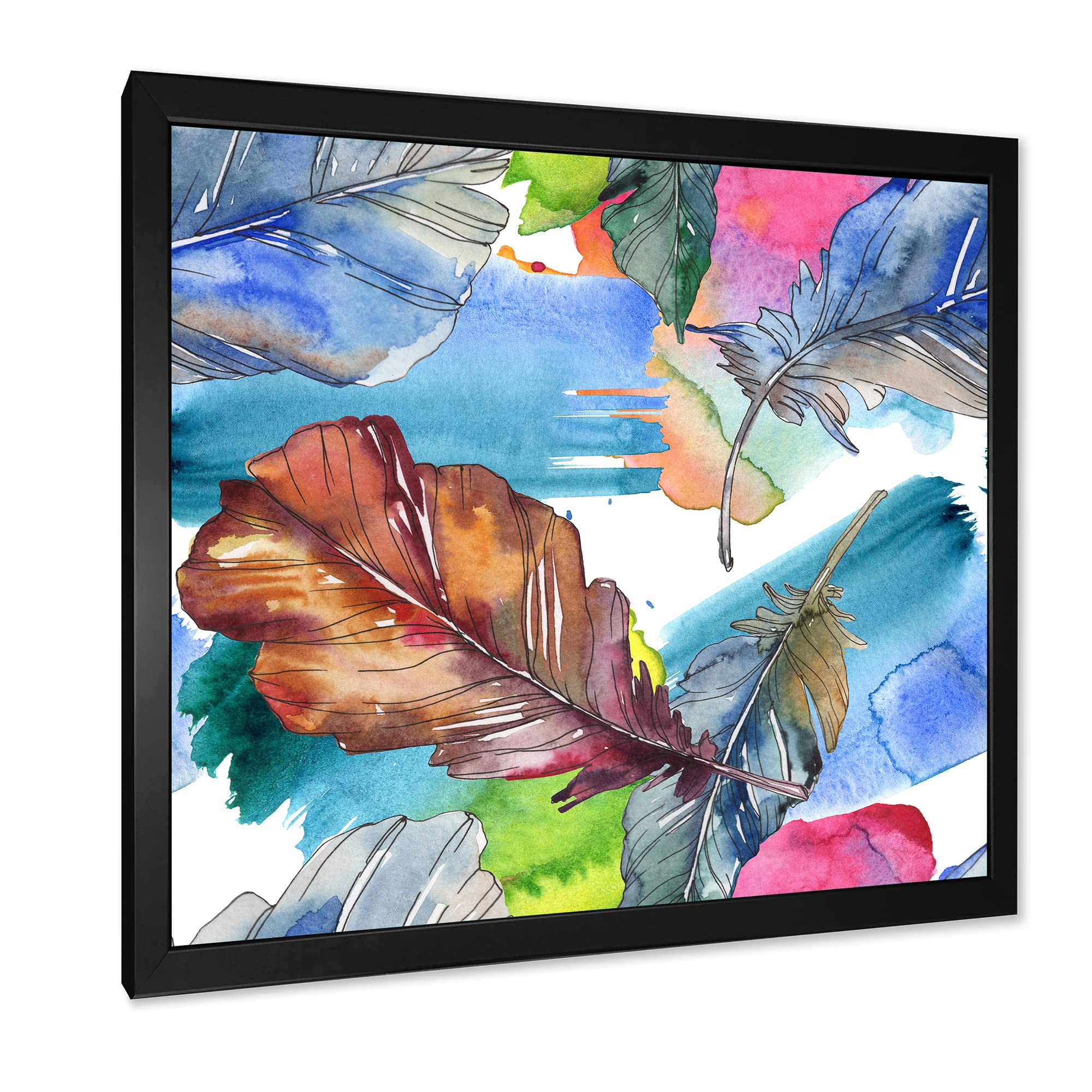 Blue and Pink Bird Feather Traditional Framed Wall Art - Elegant Home Decor for Living Room, Bedroom & Office
