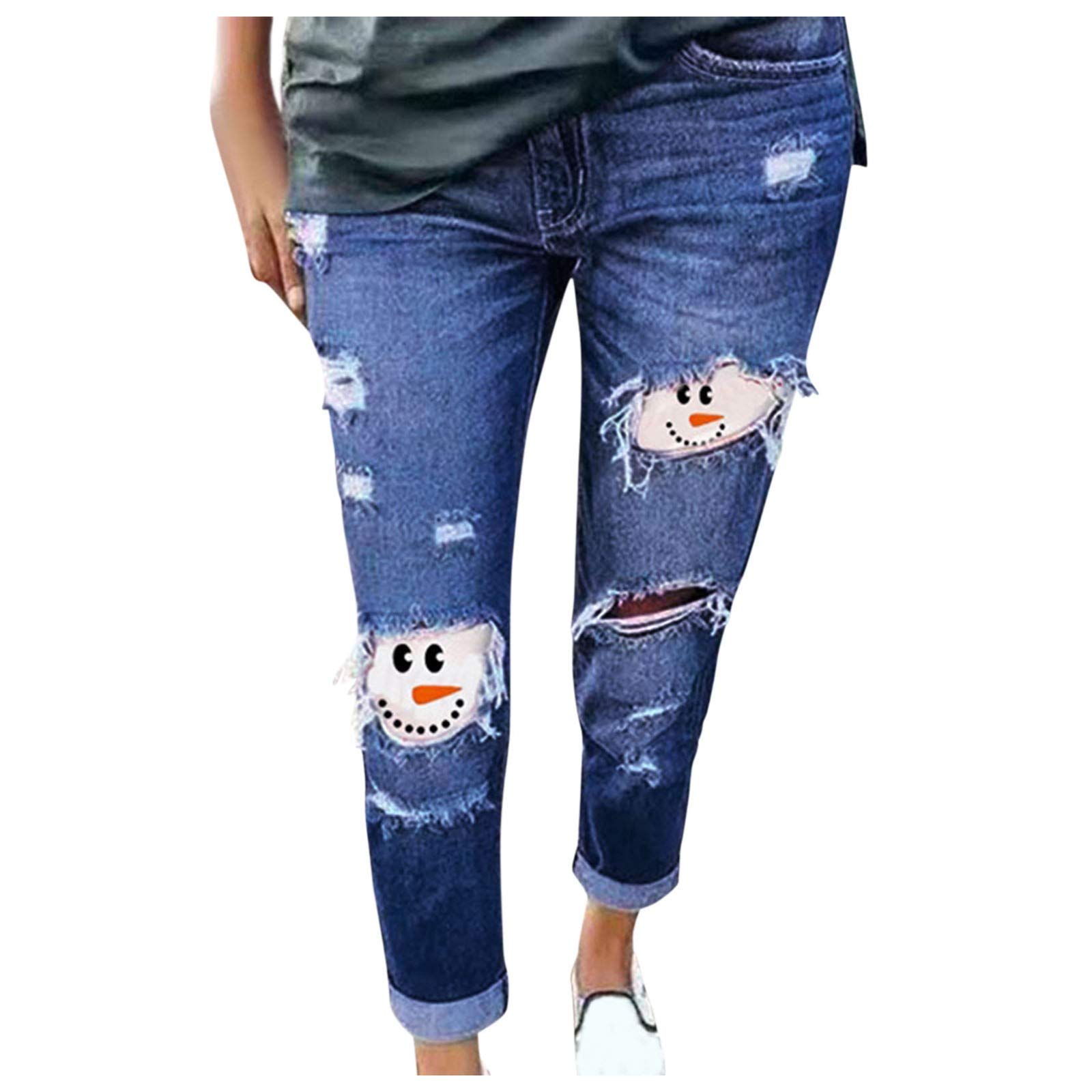 Women's Plus Size Ripped Snowman Print Blue Jeans - Trendy Distressed Denim Pants for Casual Wear & Winter Fashion