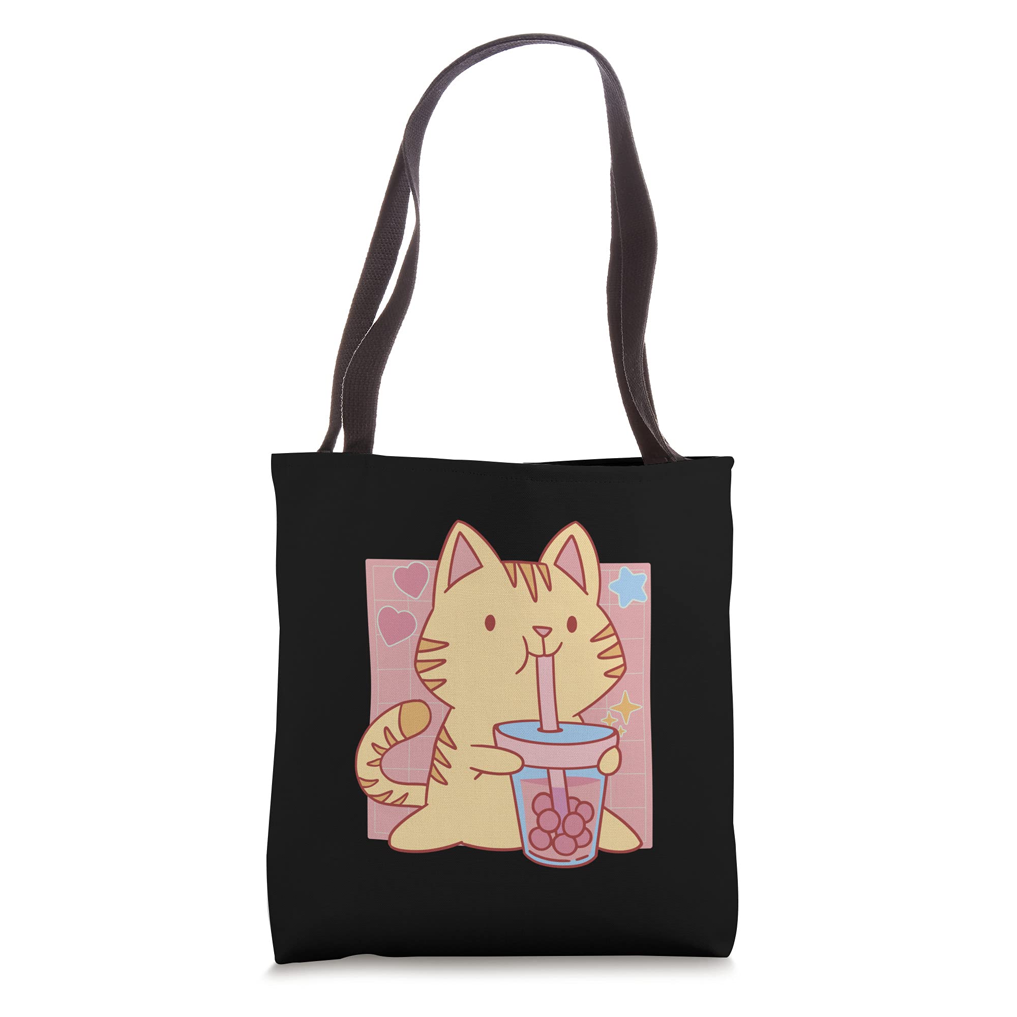 Boba Cat Cartoon Bubble Tea Drink Pet Abstract Floral Tote Bag - Cute & Trendy Reusable Shopping Bag for Women, Girls, Tea Lovers - Perfect for Grocery, Beach, Work & School