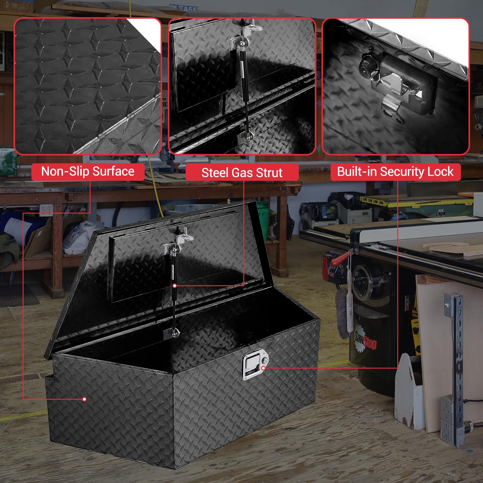 39-Inch Heavy Duty Aluminum Trailer Tongue Tool Box with Lock & Keys - Diamond Plate Waterproof Storage Box for Pickup Truck Bed, RV, Trailer - Secure Gear Storage for Camping, Road Trips & Work Sites (Black)