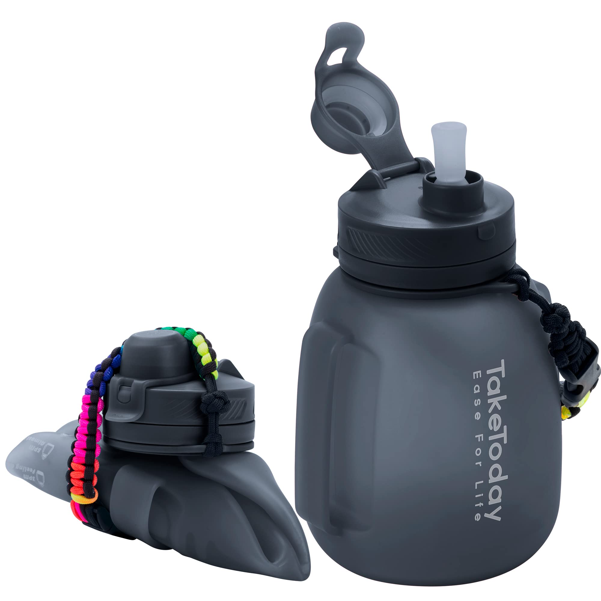 TakeToday 40oz Collapsible Water Bottle with Straw & Paracord Handle - Leakproof Silicone Sports Jug for Gym, Yoga, Hiking, Camping & Outdoor Activities - Motivational Gallon Water Bottle with Time Marker