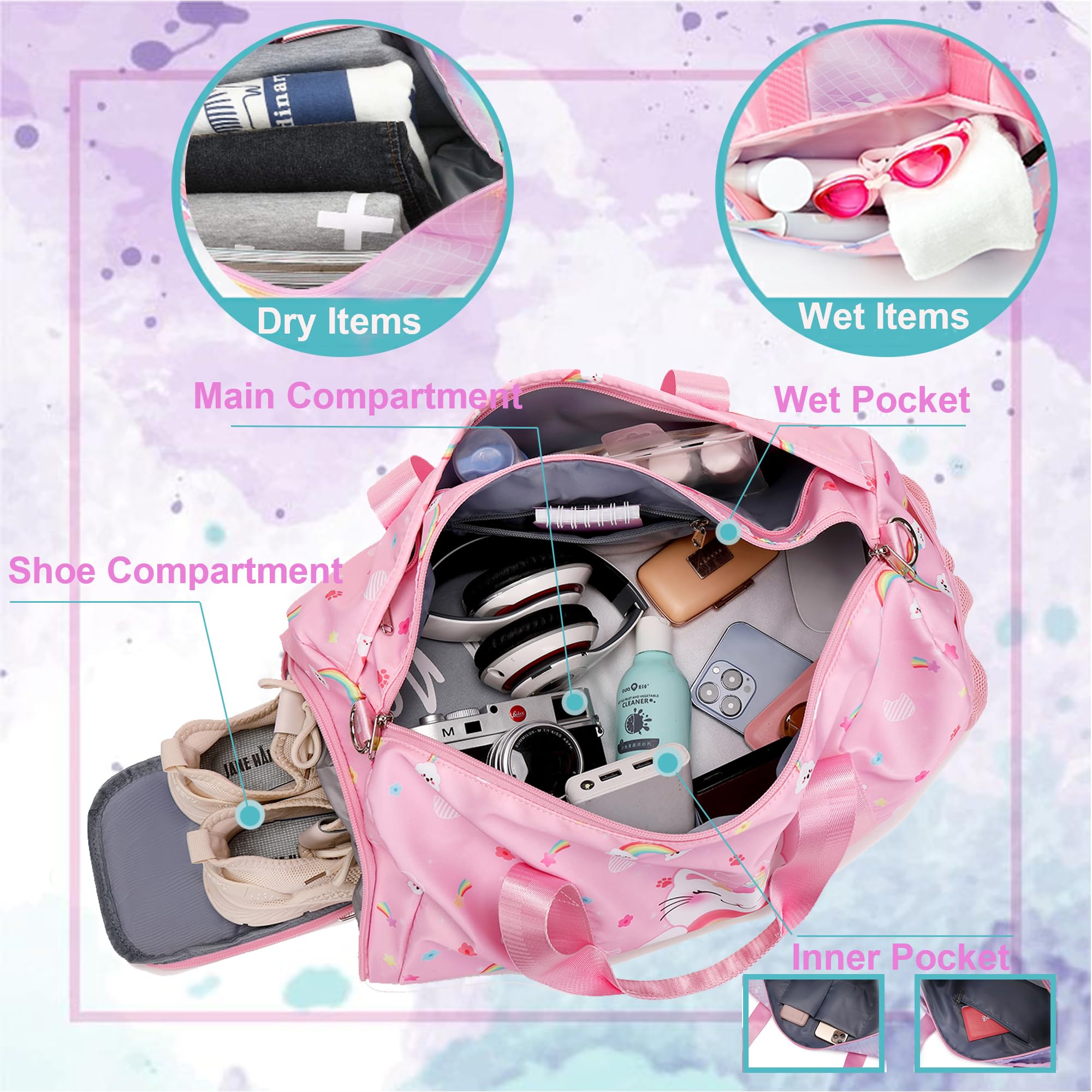 Unicorn Cat Ballet Dance Bag for Girls - Duffle Gym Bag with Shoe Compartment & Wet Pocket - Perfect for Ballet Class, Gymnastics Practice, Travel & Sleepovers