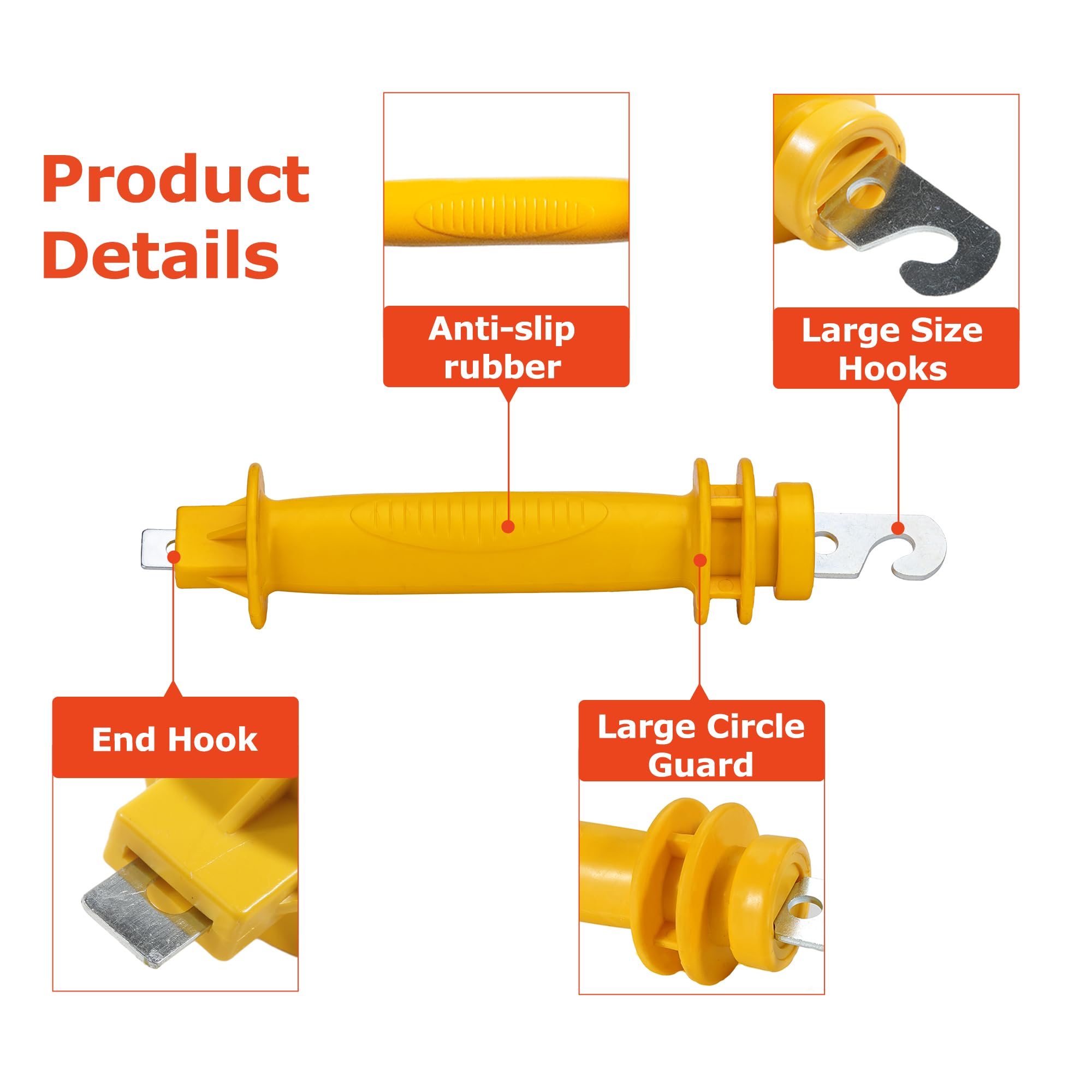 5 Pack Electric Fence Rubber Gate with Insulated Plastic Handles - Heavy Duty Stamped Steel Hooks for Garden, Farm & Livestock Fencing (Yellow) - Perfect for Securing Pastures, Protecting Crops & Containing Animals