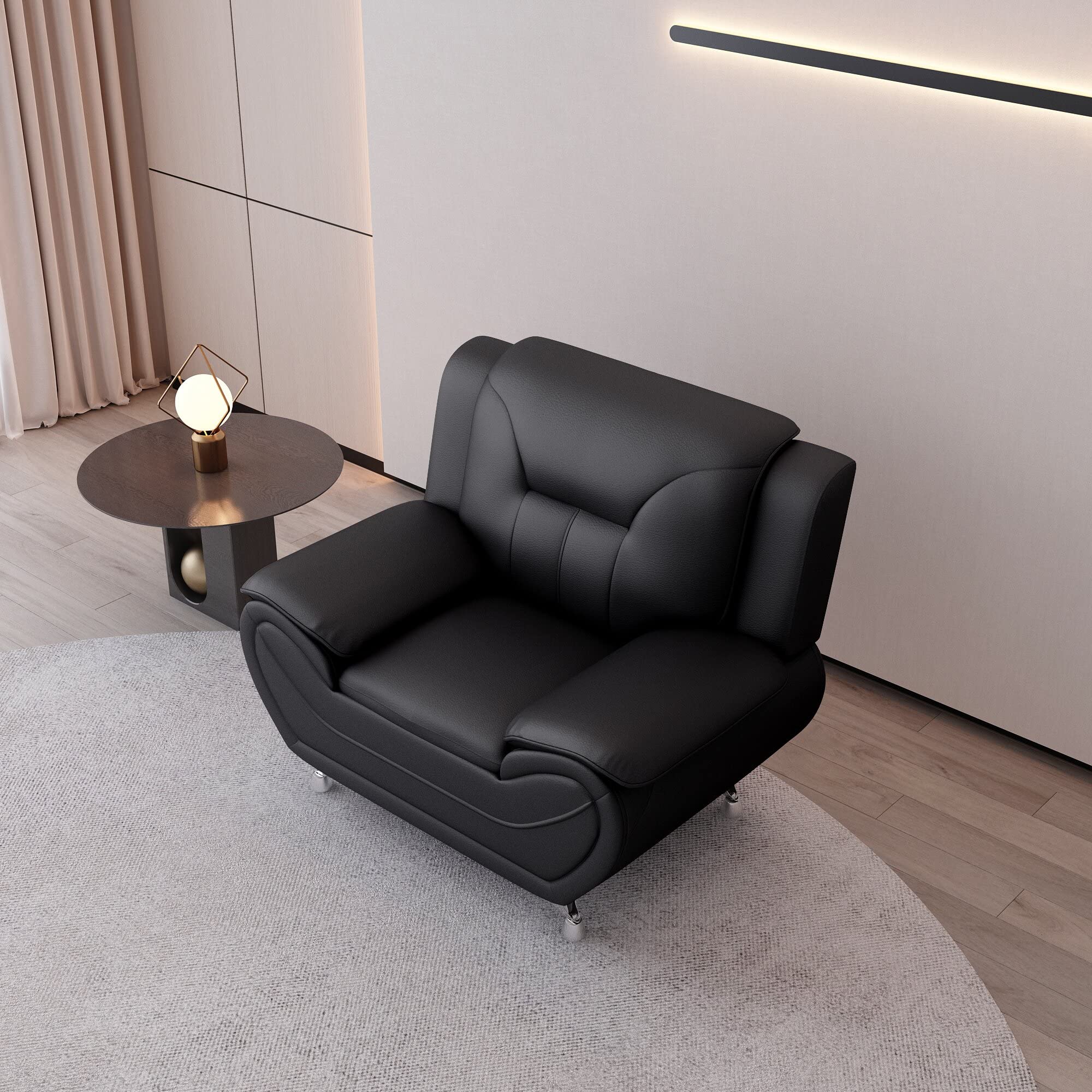 Michael Modern Faux Leather Upholstered Stainless Steel Legs Accent Chair - Midnight Black - Stylish Living Room Seating for Home Office & Lounge