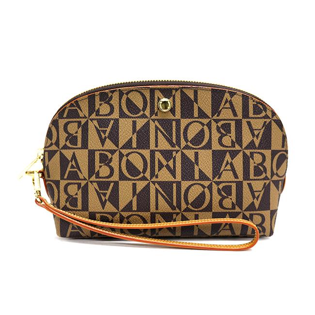 Bonia Monogram Zipper Pouch - Stylish Brown Leather Cosmetic Bag for Women | Perfect for Travel, Makeup Organizer & Everyday Essentials Storage