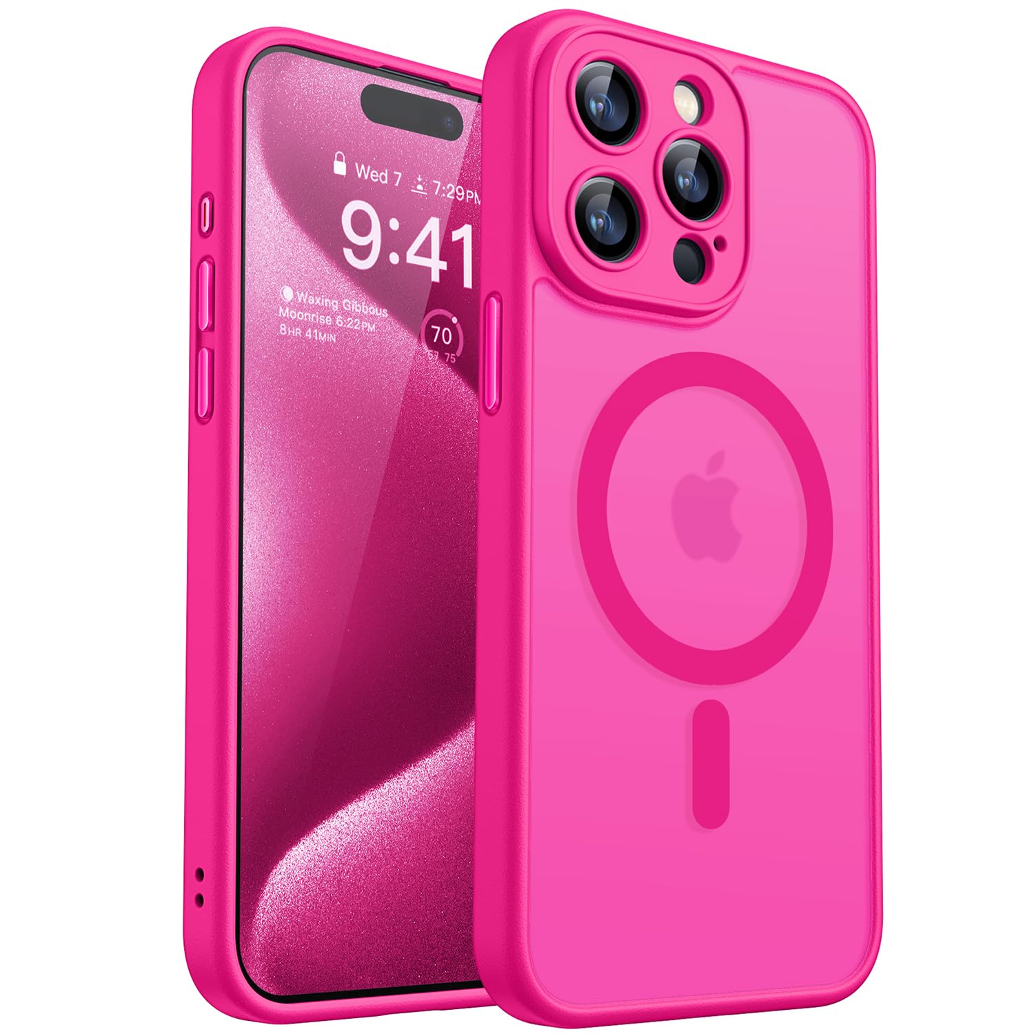Magnetic iPhone 15 Pro Max Case (6.7 Inch) - Upgraded Full Camera Protection, Magsafe Compatible, Translucent Matte Finish, Shockproof Protective Cover in Hot Pink | Perfect for Everyday Use, Travel & Outdoor Activities