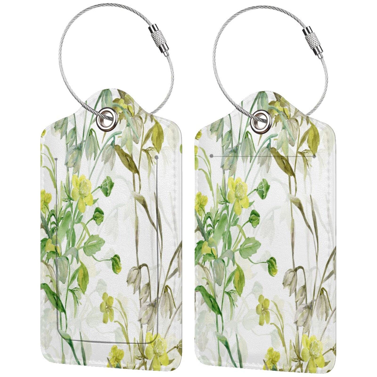 Wozukia Spring Wildflowers Luggage Tags 4 Pack - Stylish PU Leather Suitcase Labels with Stainless Steel Loop, Abstract Green Botanical Floral Design for Women & Men Travel Accessories | Perfect for Airports, Cruise Ships, and Business Trips