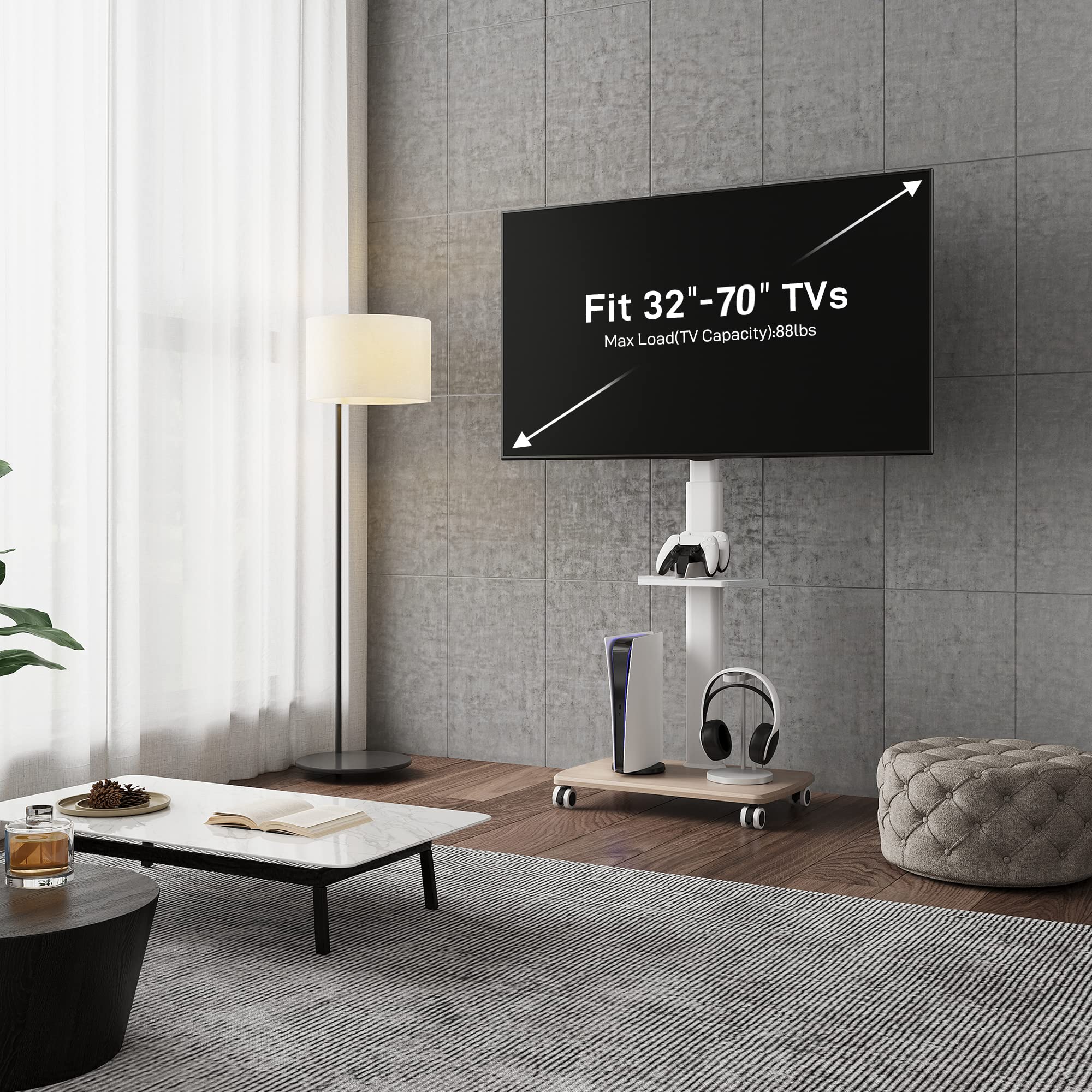 FITUEYES Universal Mobile TV Stand for 32-70 Inch Flat/Curved Screens up to 88lbs - Adjustable Height Rolling TV Cart with 600x400mm VESA - Perfect for Living Room, Bedroom & Home Office (White)