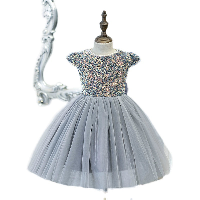 Princess Round Tea Length Tulle Flower Girl Dress in Grey - Perfect for Weddings, Birthday Parties & Special Occasions