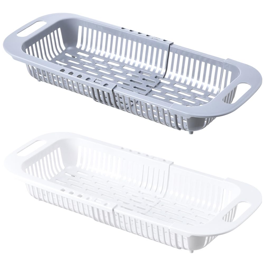 Collapsible Sink Strainer Basket - 2 Pcs Plastic Colander for Kitchen, Fruits & Vegetables (White/Grey) - Easy Drain & Storage