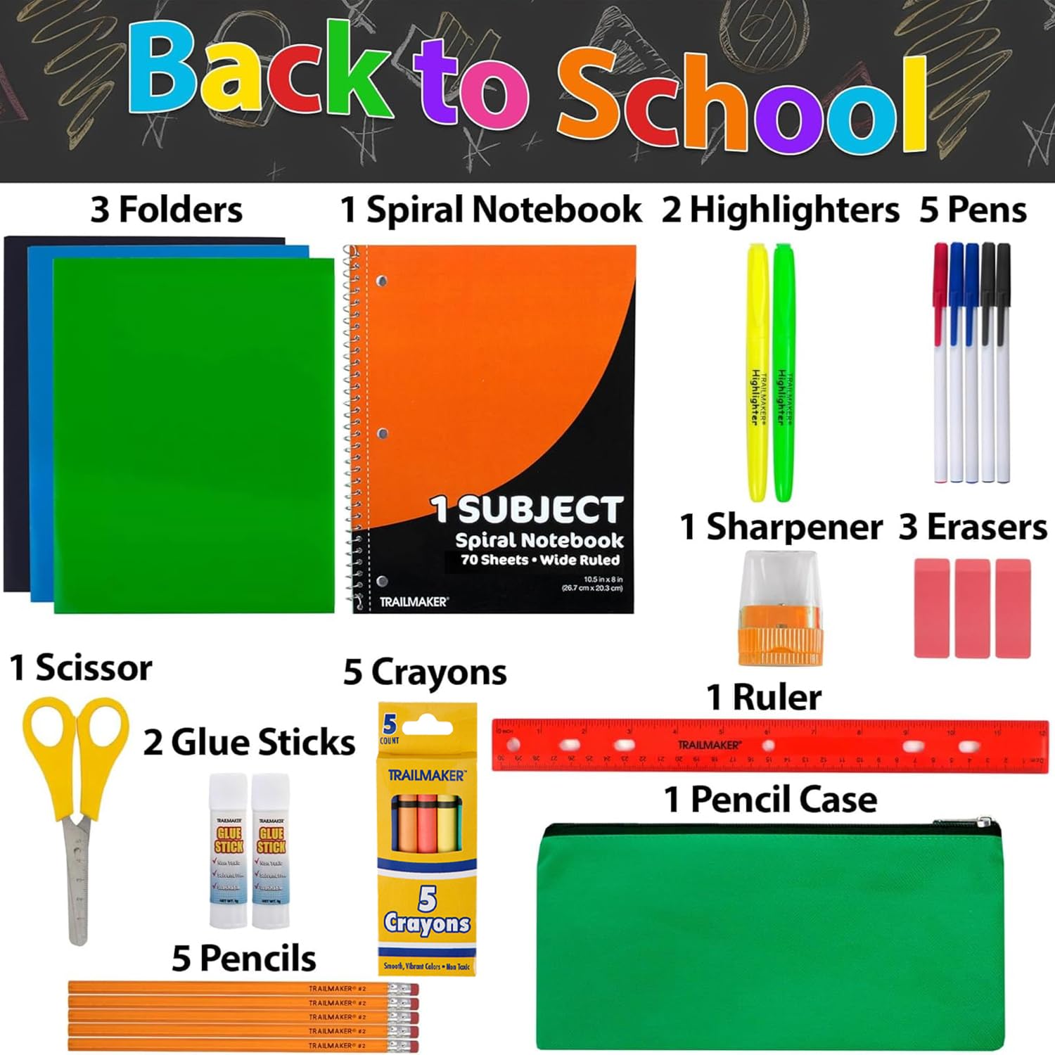 30-Piece Back to School Supplies Kit for Girls & Boys - Notebook, Folders, Pens, Pencils & More - Perfect for Kindergarten & Elementary Students (K-8) - Great for Classroom, Homeschool & Homework Organization