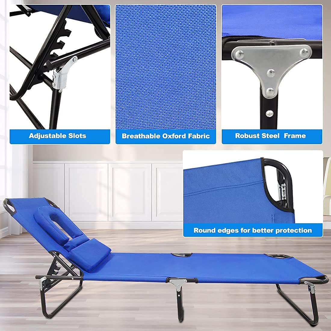 Portable Chaise Lounge - 4 Position Adjustable Outdoor Recliner Chair with Face Hole & Removable Pillow, 330lbs Weight Capacity - Perfect for Beach, Poolside, Patio, Lawn, Balcony and Backyard Relaxation