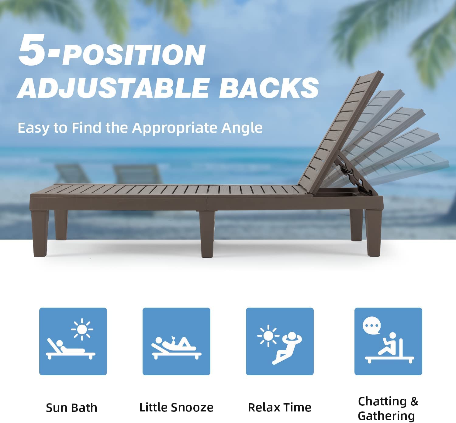 MELLCOM Outdoor Chaise Lounge Chairs Set of 2 - All-Weather Patio Loungers with 5-Position Adjustable Backrest, Removable Cushions & Wood Texture Design - Reclining Beach Chairs for Poolside, Garden, Backyard & Patio Relaxation