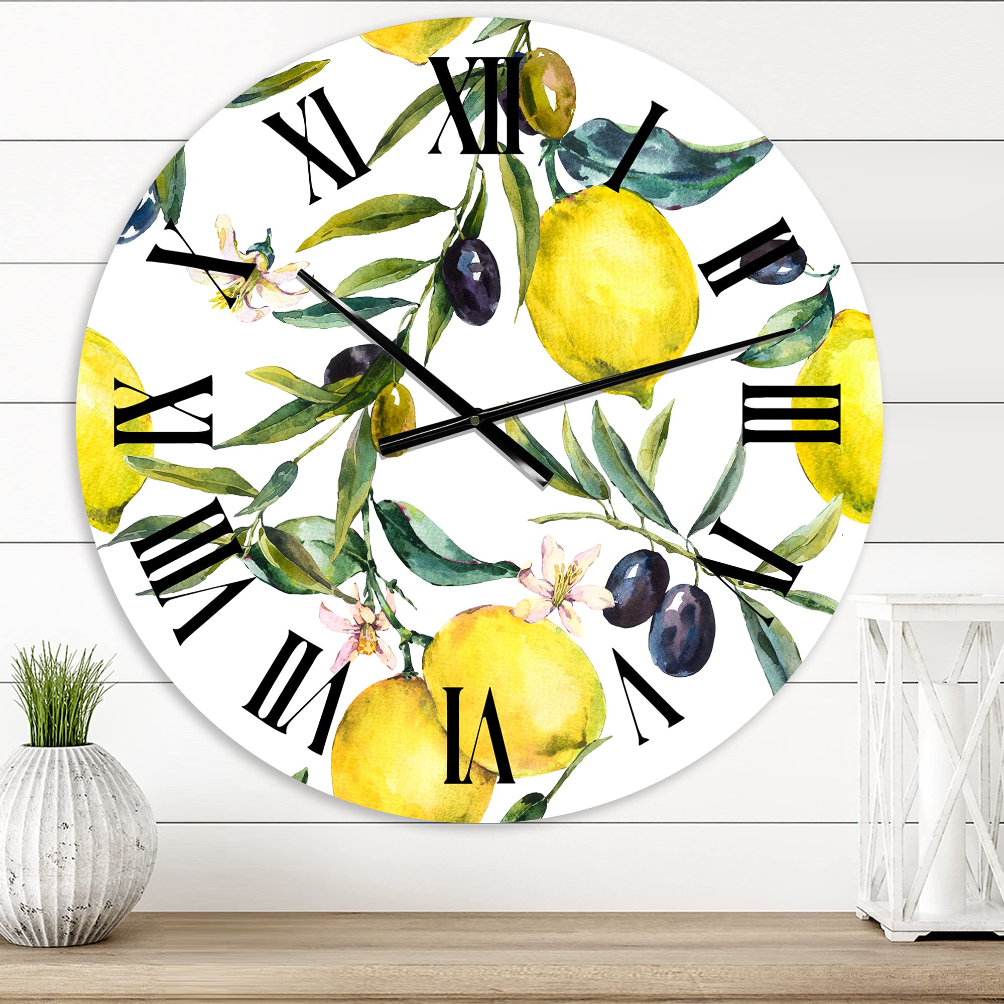 Tropical Wall Clock 'Lemon and Olive Branches II' - Large Decorative Kitchen Clock for Home, Cafe & Restaurant Decor - Perfect for Farmhouse, Coastal & Mediterranean Style Interiors
