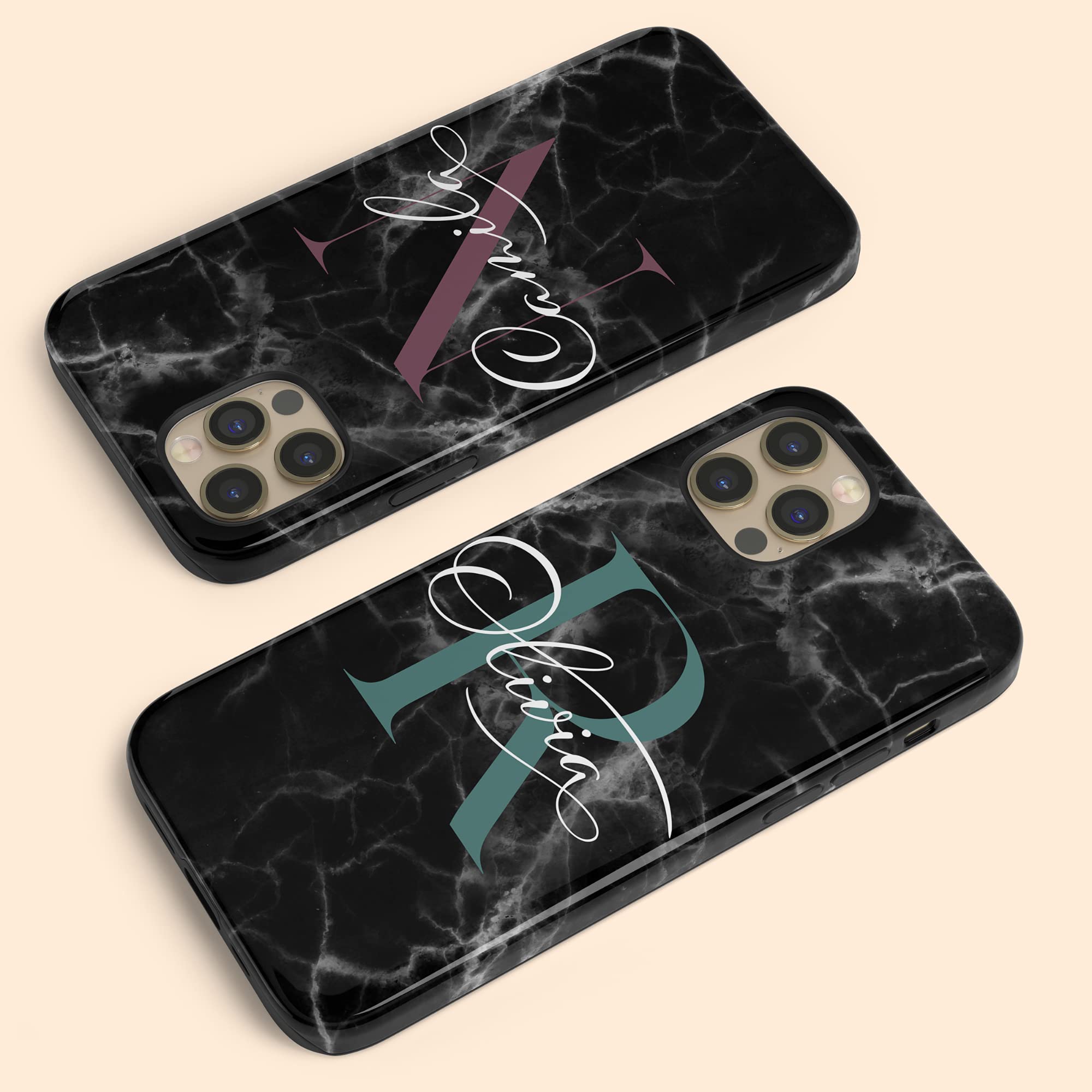 Personalized Black Marble Phone Case with Monogram Initial - Compatible with iPhone 16 Plus/15 Pro Max/14/13 Mini/12/11/X/XS Max/XR/7/8 - Elegant Protection for Work, Travel & Daily Use