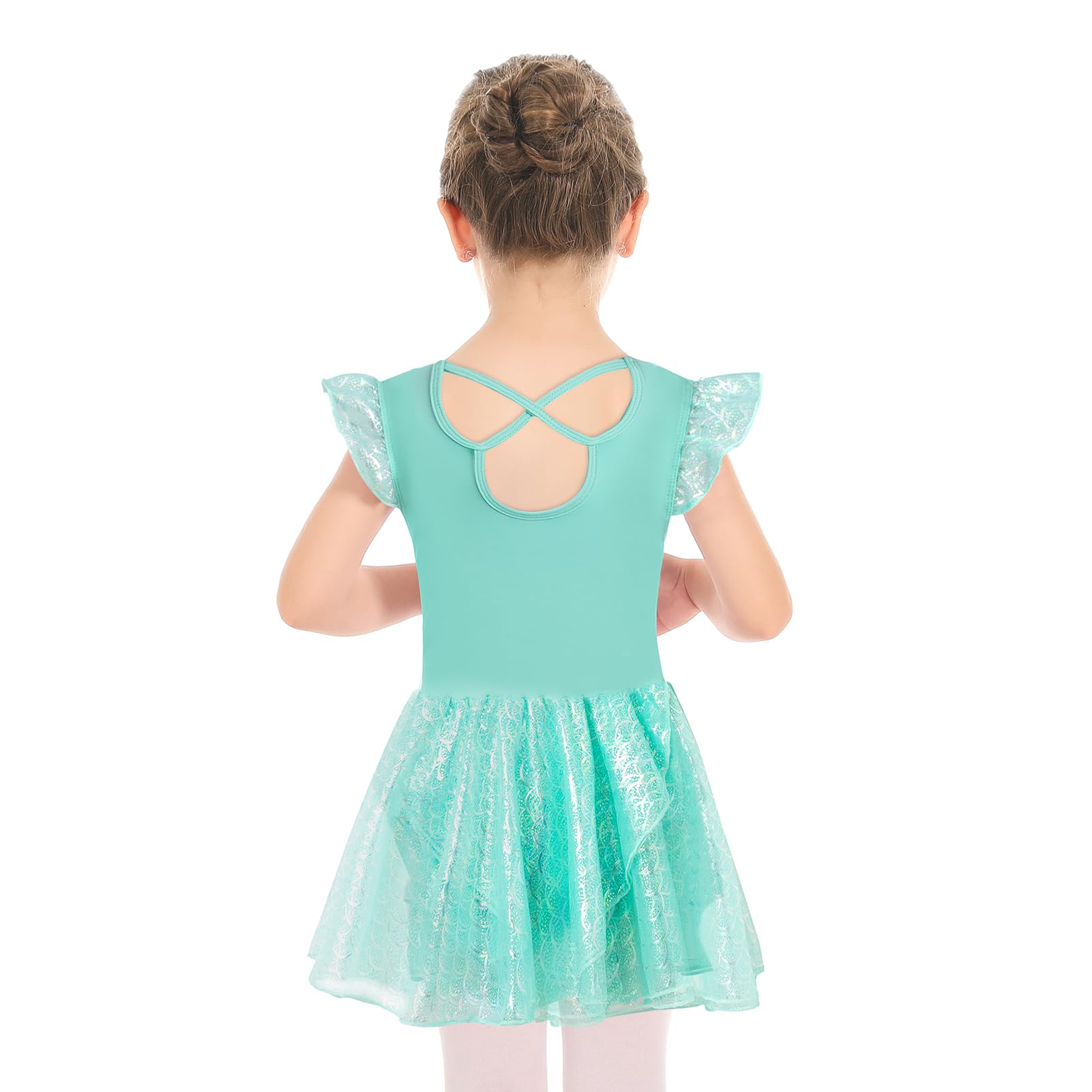 Phineein Girls' Flutter Sleeve Criss-Cross Back Dance Leotard - Ballet Gymnastics Leotard with Dress Cutout Back for Kids Dance Class & Performance