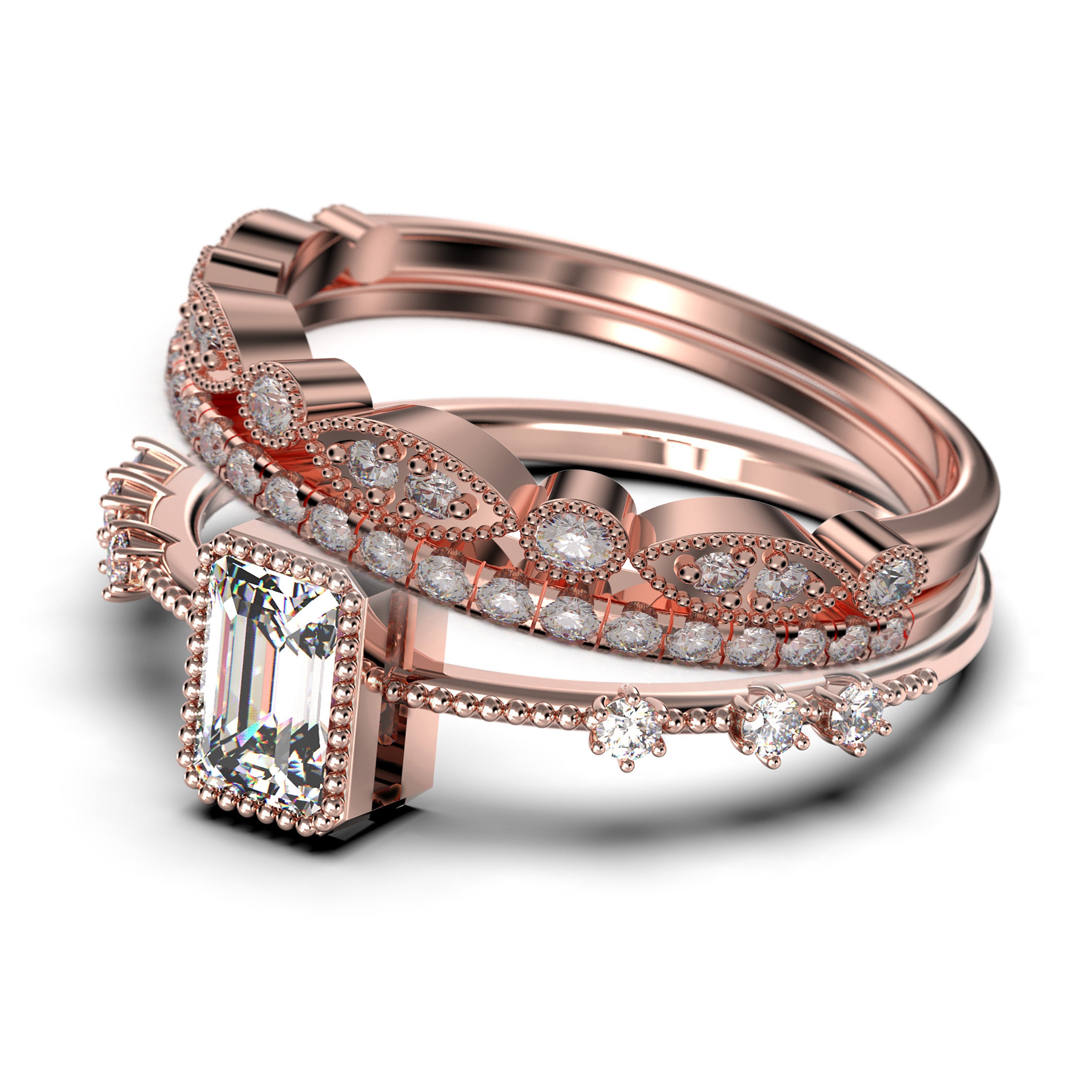 2.25 Carat Emerald Cut Moissanite Engagement Ring & Wedding Band Set in 925 Sterling Silver with 18k White Gold Plating - Thin Stackable Trio Rings for Women, Promise Ring, Anniversary Gift for Her - Perfect for Proposals, Weddings & Special Occasions
